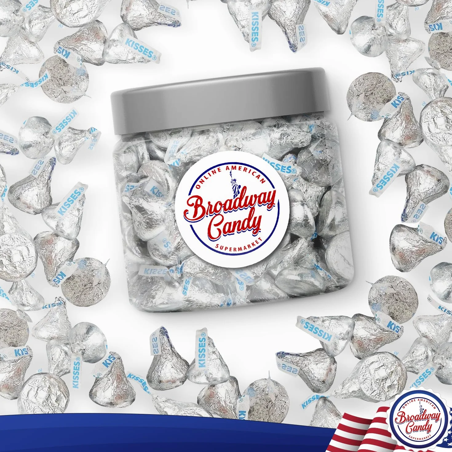 Broadway Candy Kisses Original - Tarro de caramelos (600 g), envueltos individualmente, chocolates de tamaño bocado en plata, aproximadamente 120 unidades