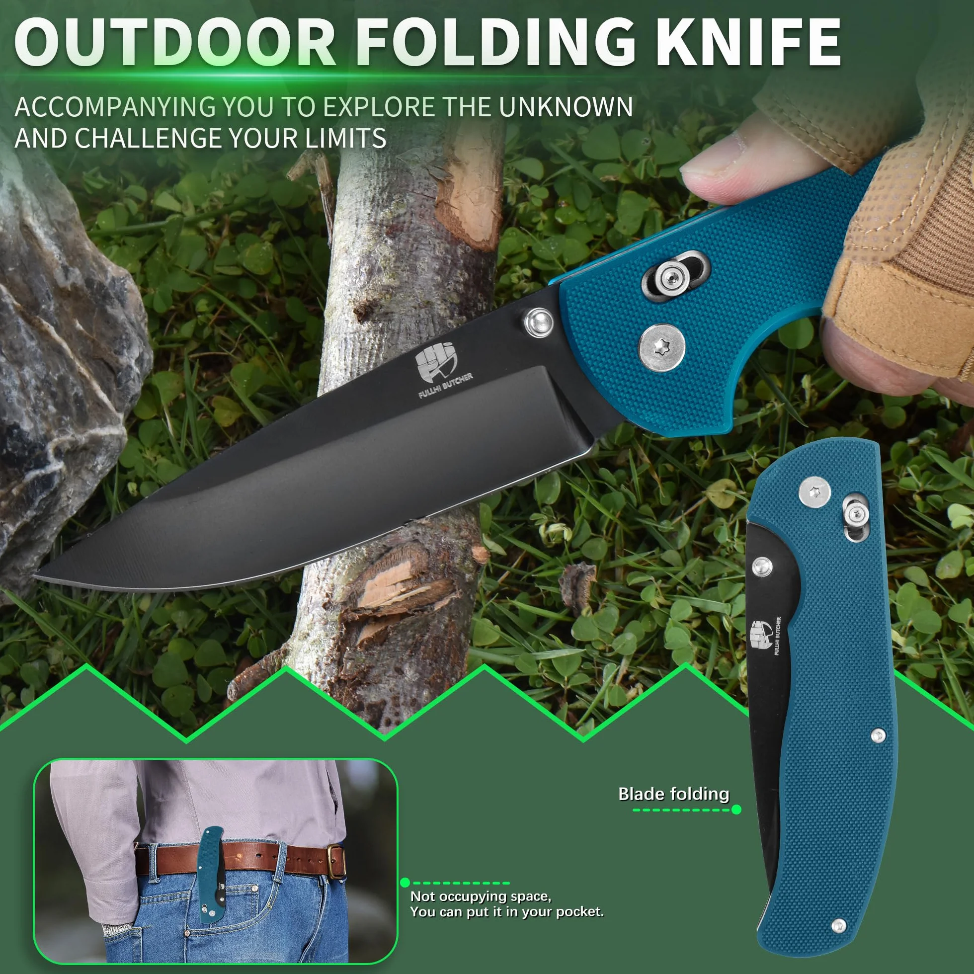 FULLHI Navaja de Bolsillo Plegable G10 con Mosquetón Clip para Camping Supervivencia Senderismo Cuchillos (Azul-negro)
