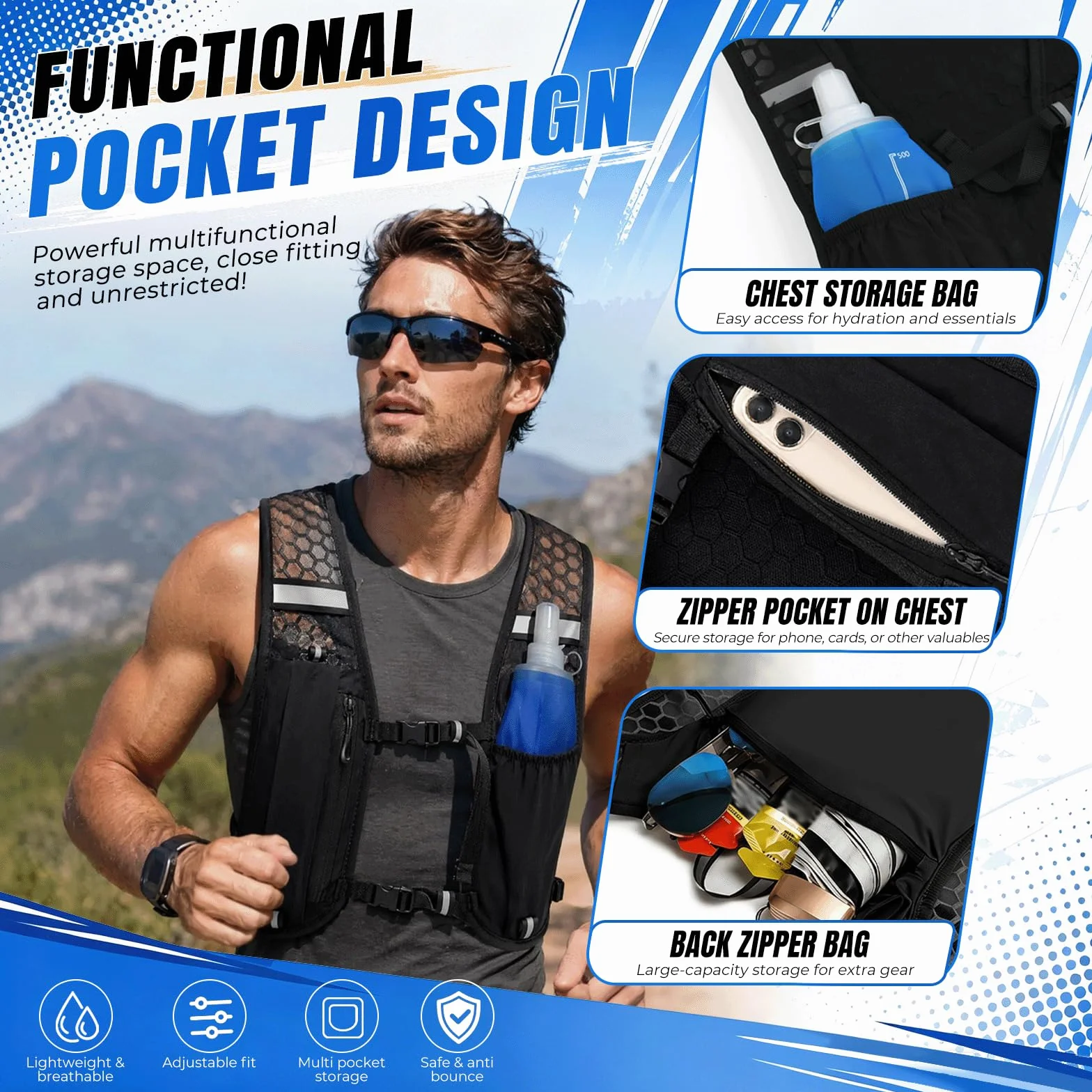 Chaleco Hidratación Trail Running con Soft Flask 500ml, Mochila Ligera Transpirable Reflectante para Hombre Mujer Maratón