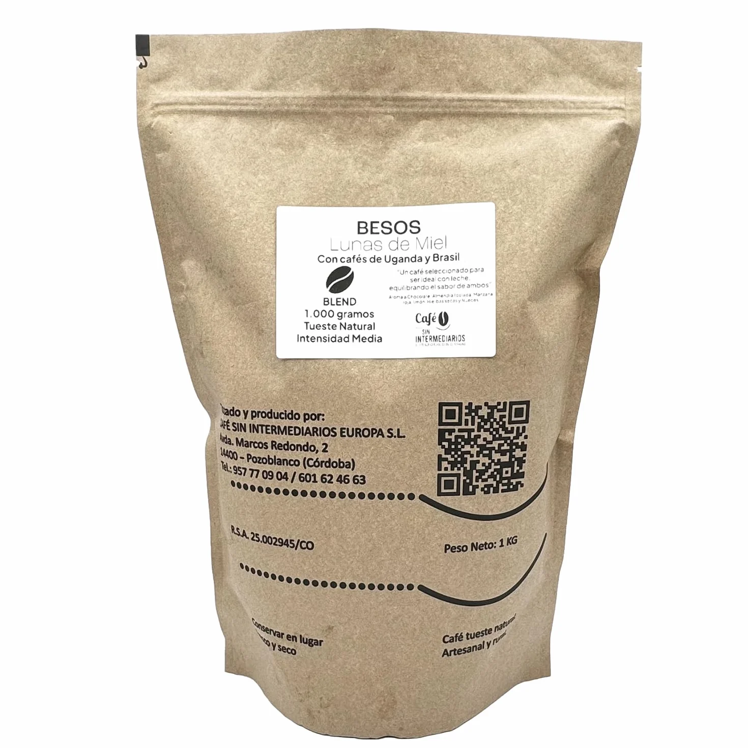 CAFE SIN INTERMEDIARIOS - Besos Café Colombia En Grano sin moler - Tostado Semanal - Envasado al envío - Intensidad de sabor media - Ideal para Café con Leche