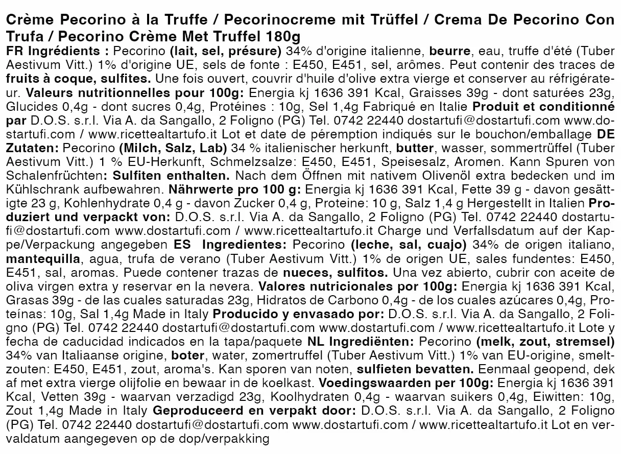 DOS Tartufi - Crema de Queso Pecorino con Trufas | Producción Artesanal Italiana | Para Entrantes y Platos Principales | 180g