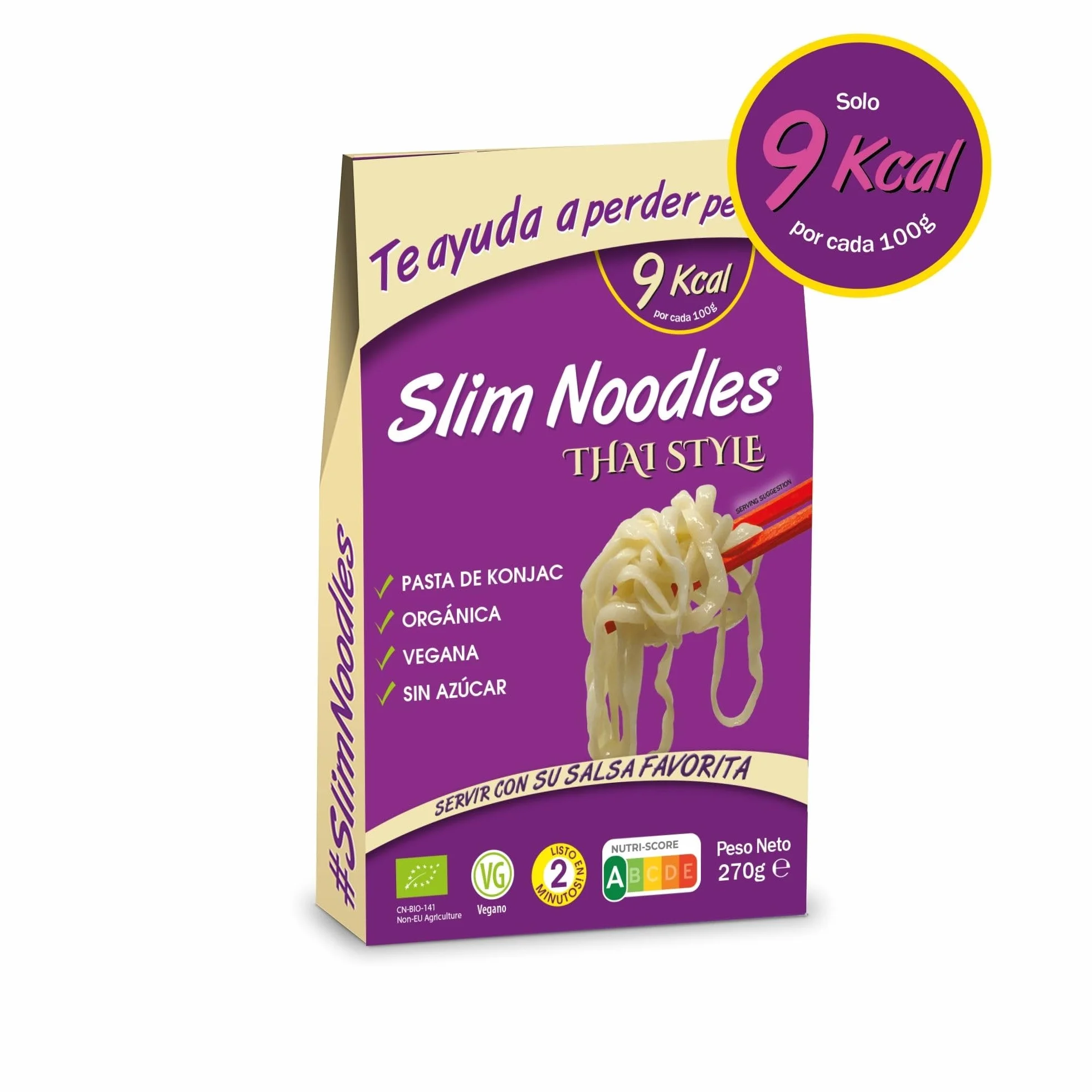 Slim Pasta - Pack de 12 Unidades de Noodles Thai Style de Konjac - Sin Calorías ni Carbohidratos - Ideal para Dietas Keto y Low Carb - Apto para Veganos - Elaborado con Harina de Konjac