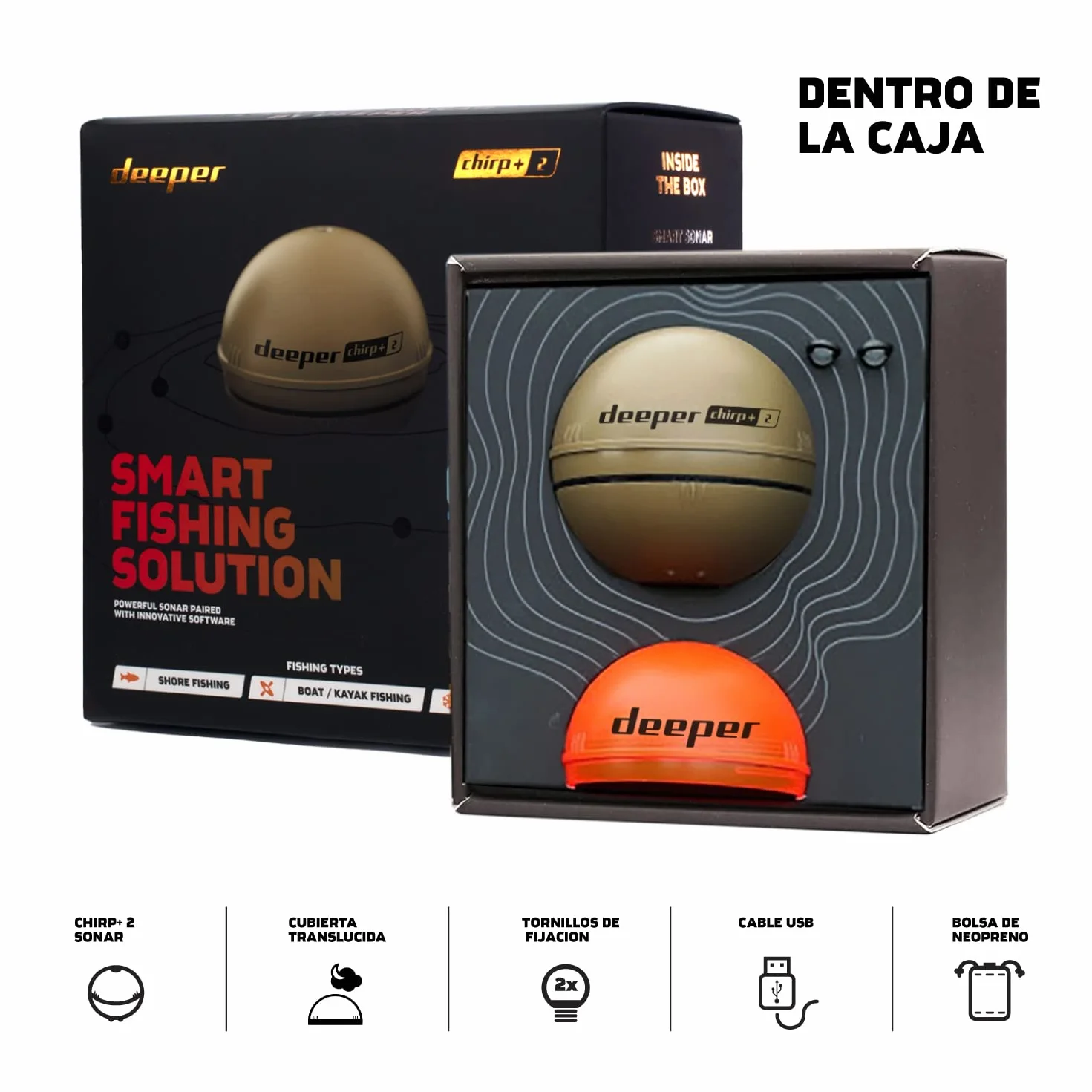 Deeper Chirp+2 Sonda de Pesca Portátil con GPS, Inalámbrica LED, Compatible con Barcos y Orilla