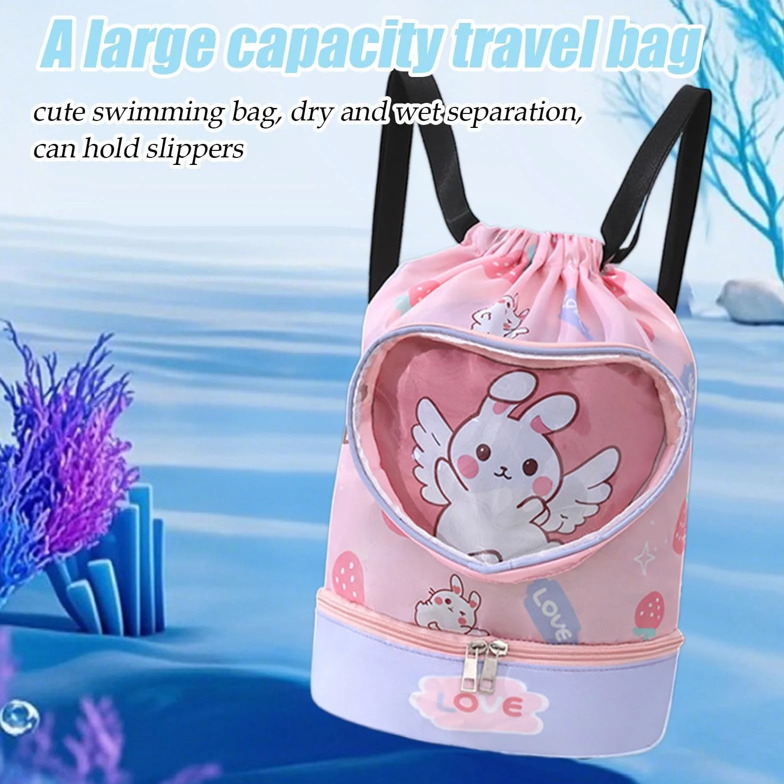 Genérico Kids Pool Bag Waterproof Cartoon Swim Backpack 14.17x11.81 Inches Lightweight Drawstring Dry Wet Separation Quick-Dry Multicolor