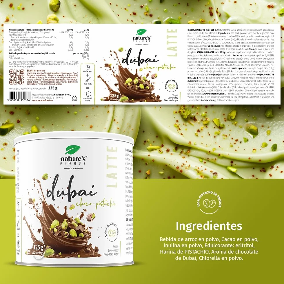 Nature's Finest Dubai Latte Mix con Pistacho, Cacao, Inulina y Clorella, 125 g - Bebida Vegana sin Azúcar Añadido - Apoyo Digestivo y Detox Natural - Bajo en Calorías, Apto para Dietas Keto y Low Carb