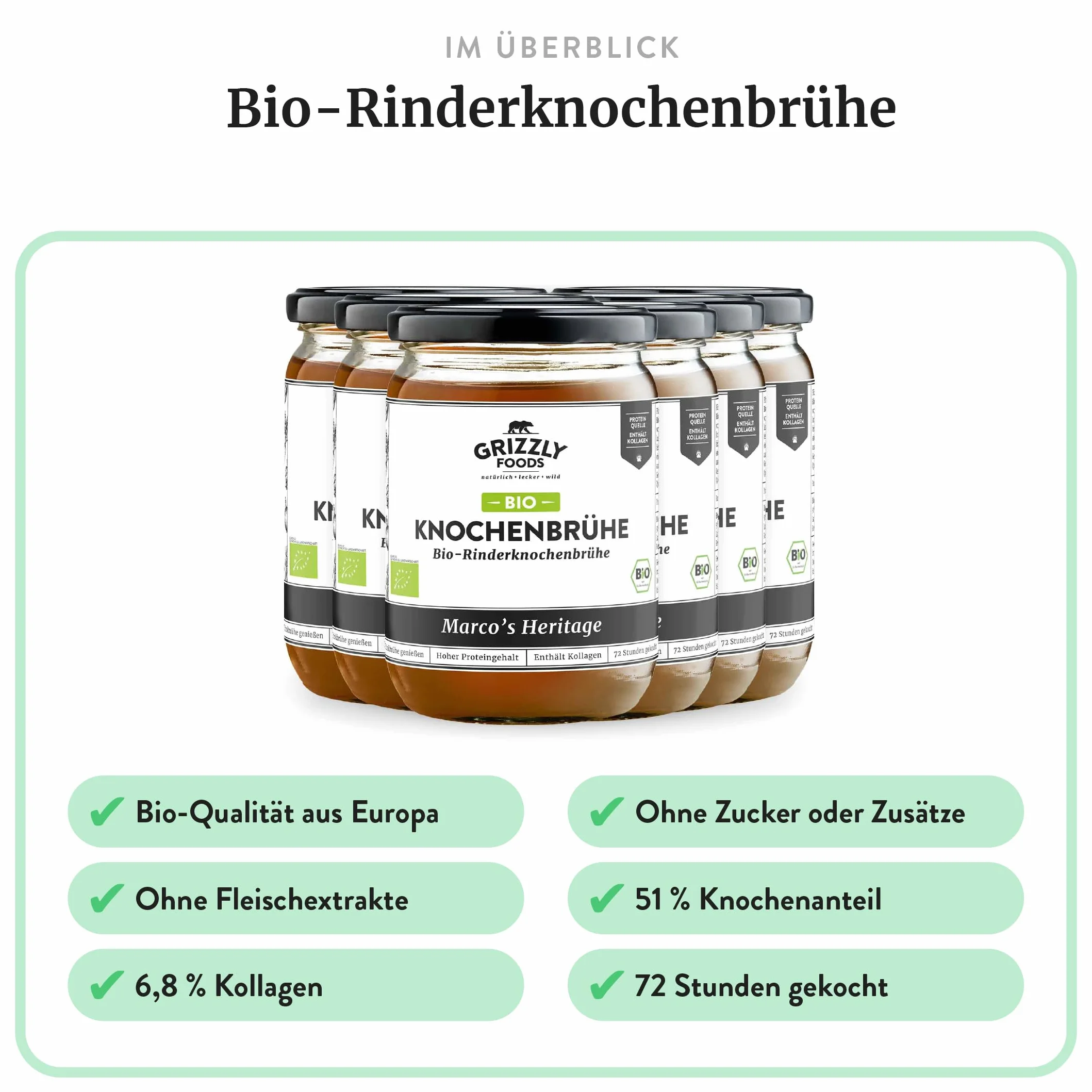 Grizzly Foods Caldo de Hueso de Ternera Orgánico 6 x 500 ml Colágeno 25 g Bone Broth