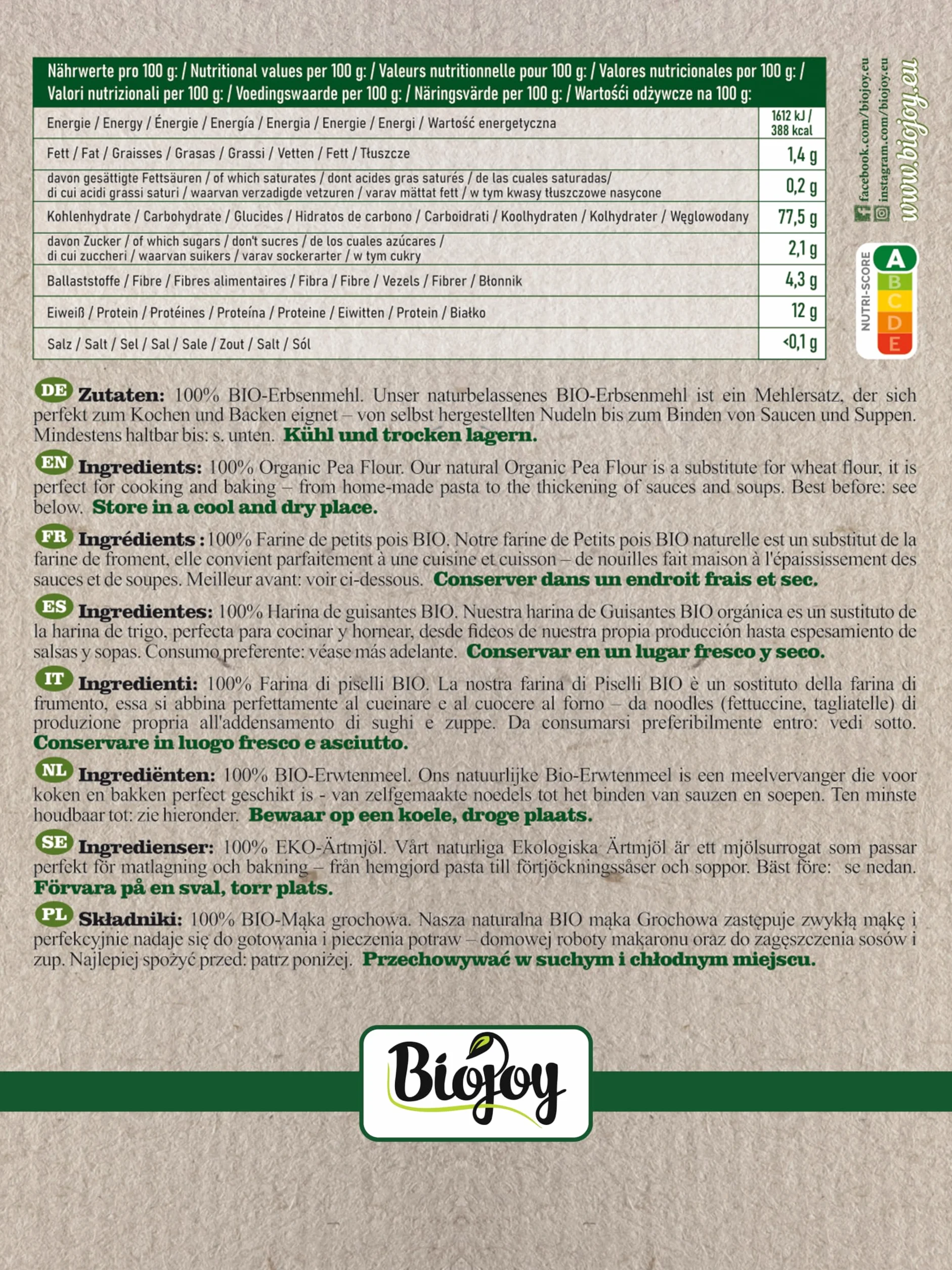 Biojoy Harina de Guisantes BÍO (1 kg), molida y sin aditivos