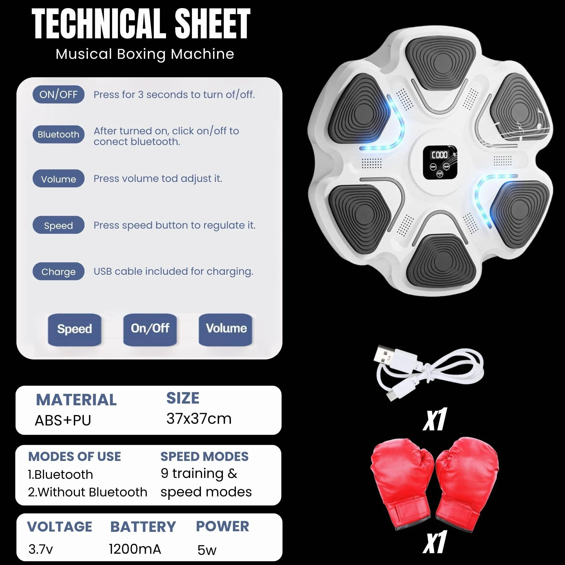 Máquina de Entrenamiento de Boxeo Musical con LED, Bluetooth, 9 Modos, 37x37 cm