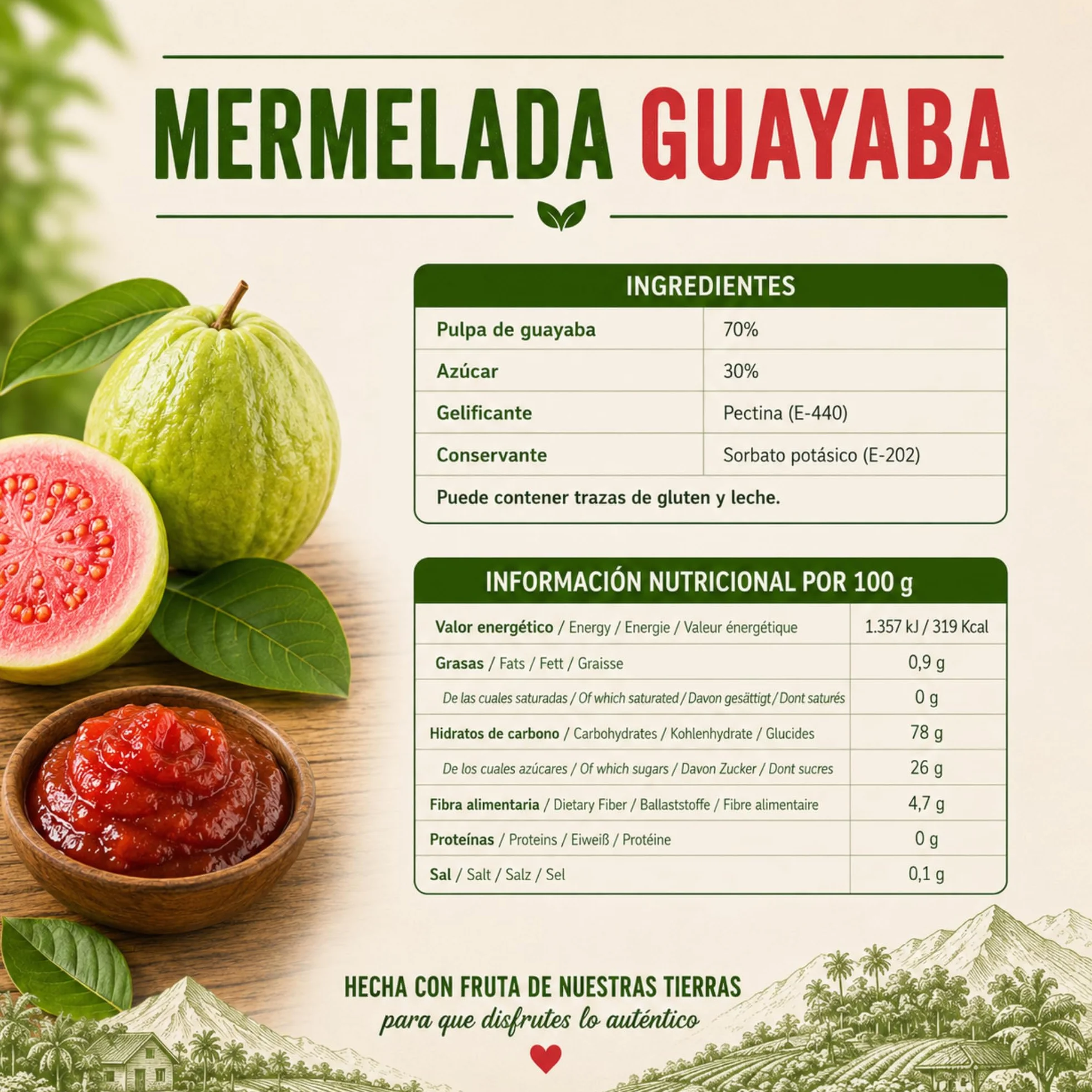 Gourmet Latino - Mermelada de Guayaba - 260 g - Ideal para Desayuno o Meriendas - Sabor Tropical Auténtico - Alto Contenido en Hidratos de Carbono