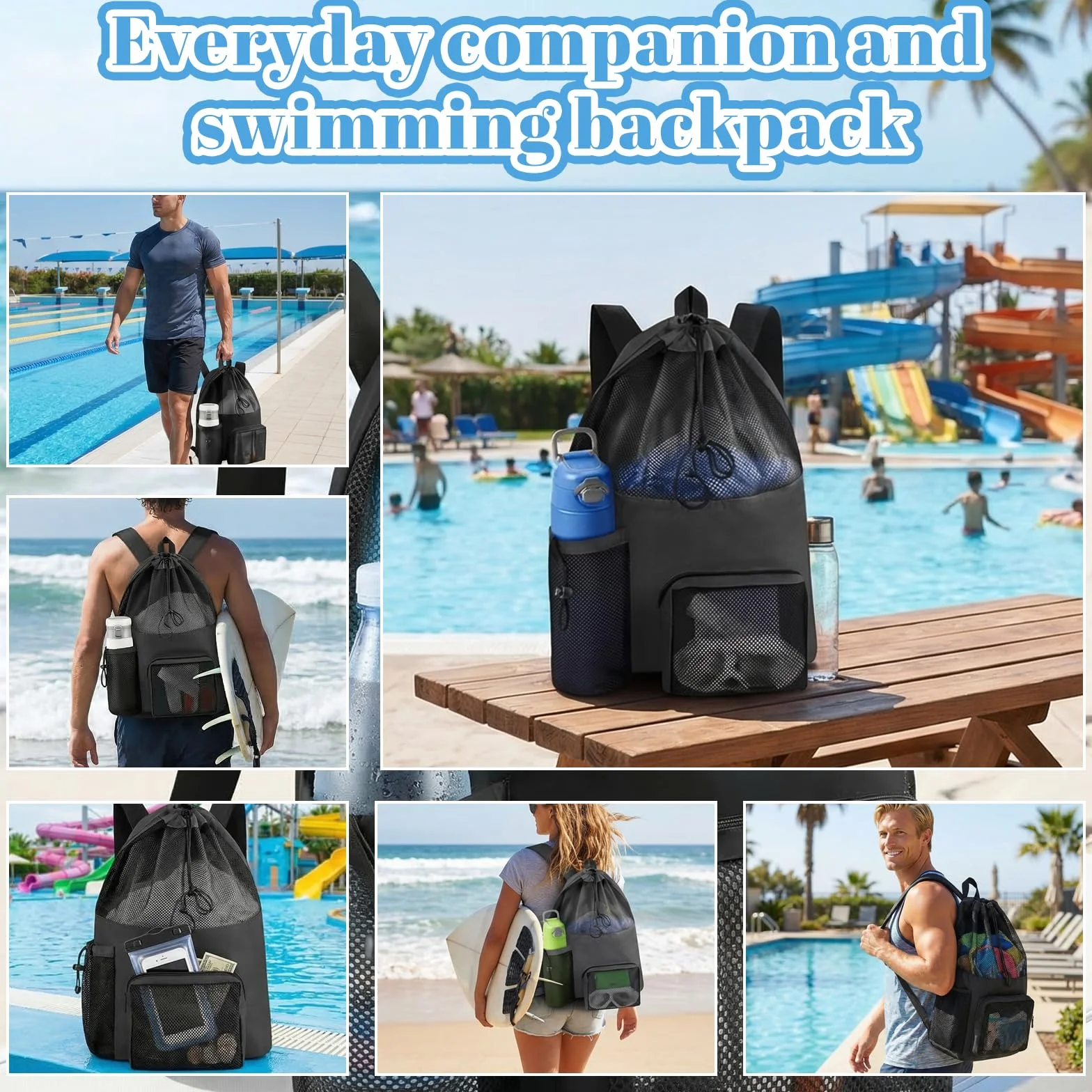 Mochila de malla para natación con cordón, Bolsa de playa ajustable para hombres y mujeres
