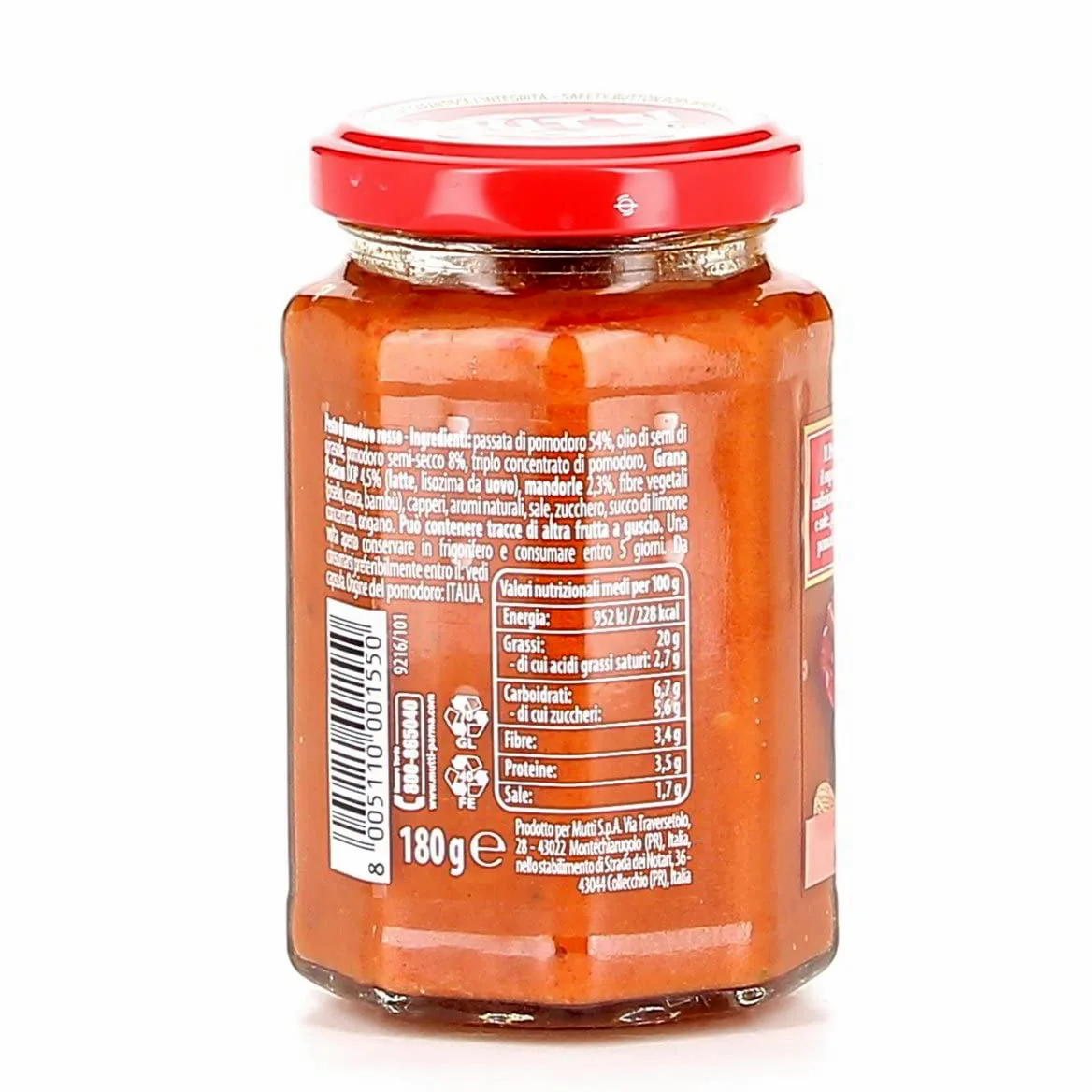 24 x Mutti Pesto Rosso Pomodori Rossi Pesto de tomate rojo Pasta Salsa 100% Tomate Italiano Vaso 180 g Salsas de especias con almendras, tomates, semillas secas y Grana Padano