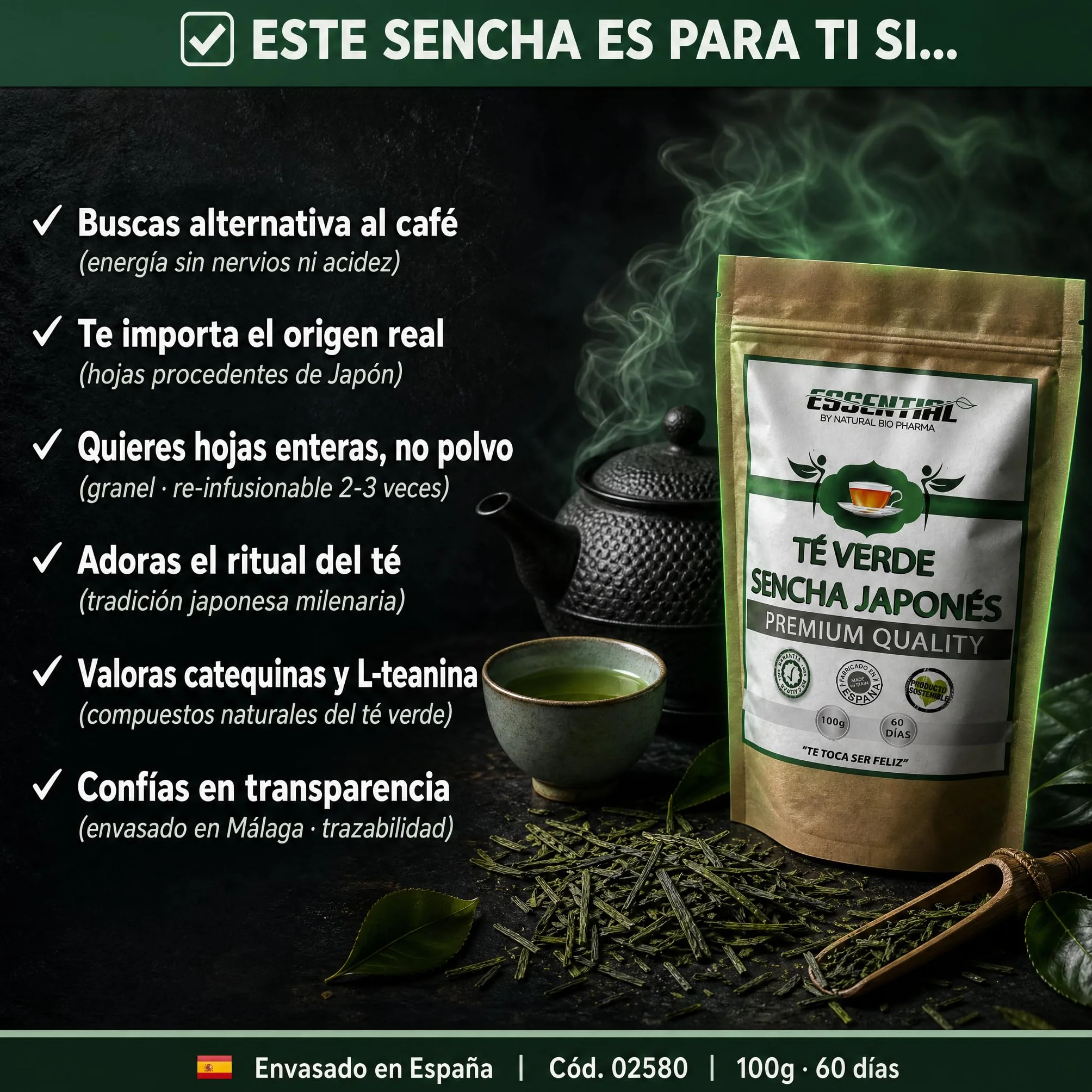 Té Verde Sencha Japonés 100% Natural y Orgánico. Potente Quemagrasas con Efecto Adelgazante y alto contenido de Antioxidantes (refuerza tu Sistema Inmunológico). Detox Té.