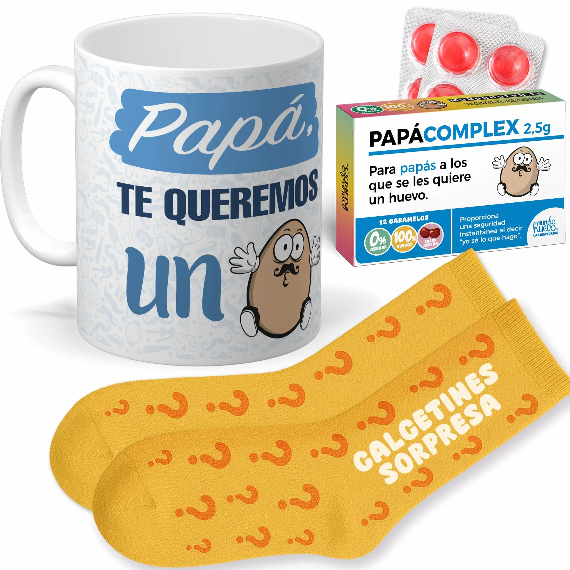 mundohuevo Regalo Divertido Dia del Padre | Taza Personalizada Papa TE Queremos UN Huevo, Caramelos de Broma PAPACOMPLEX y Calcetines Sorpresa.