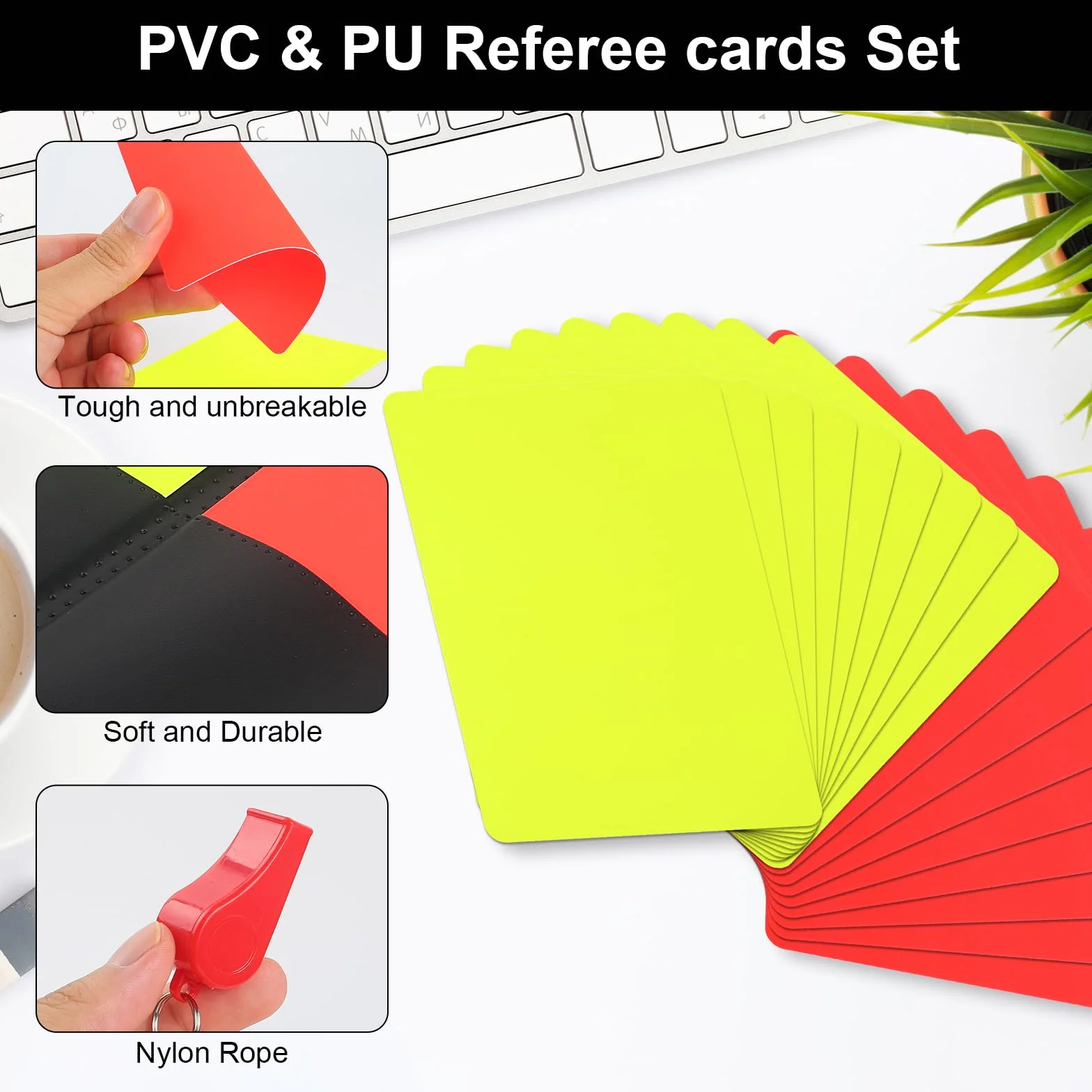 Kit de Tarjetas de Árbitro Fútbol, Juego con Silbato, Tarjetas Roja y Amarilla PVC