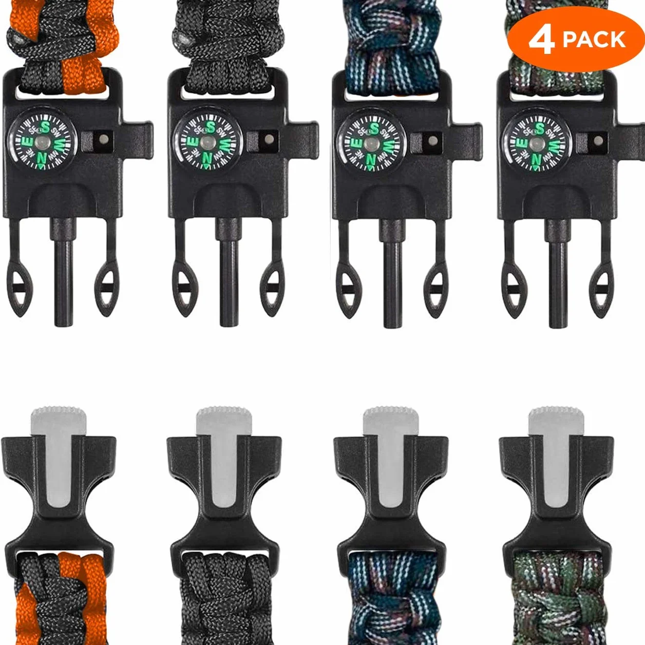 Pulsera Paracord Supervivencia Paquete de 4 con Iniciador Fuego Brújula Silbar Camping Senderismo