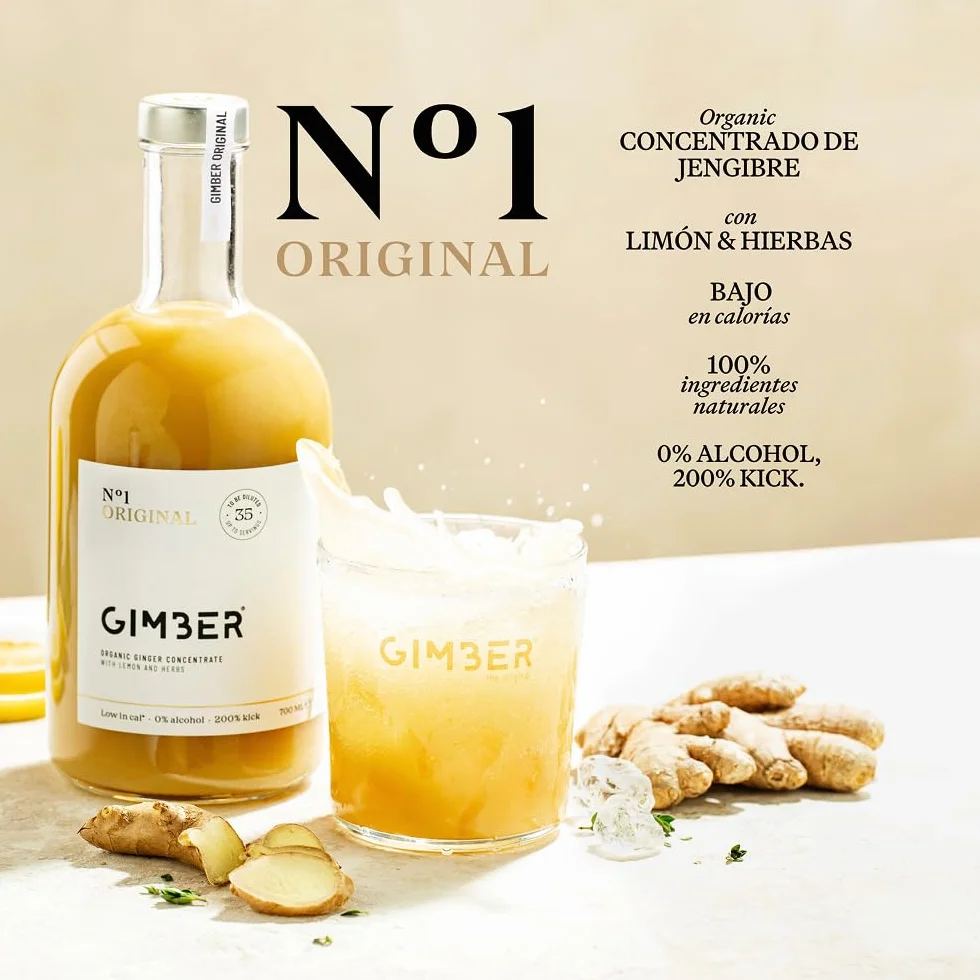 GIMBER Ginger Concentrate 2 x 700 ml 1.4 L Organic Non-Alcoholic Drink with Ginger Lemon and Herbs