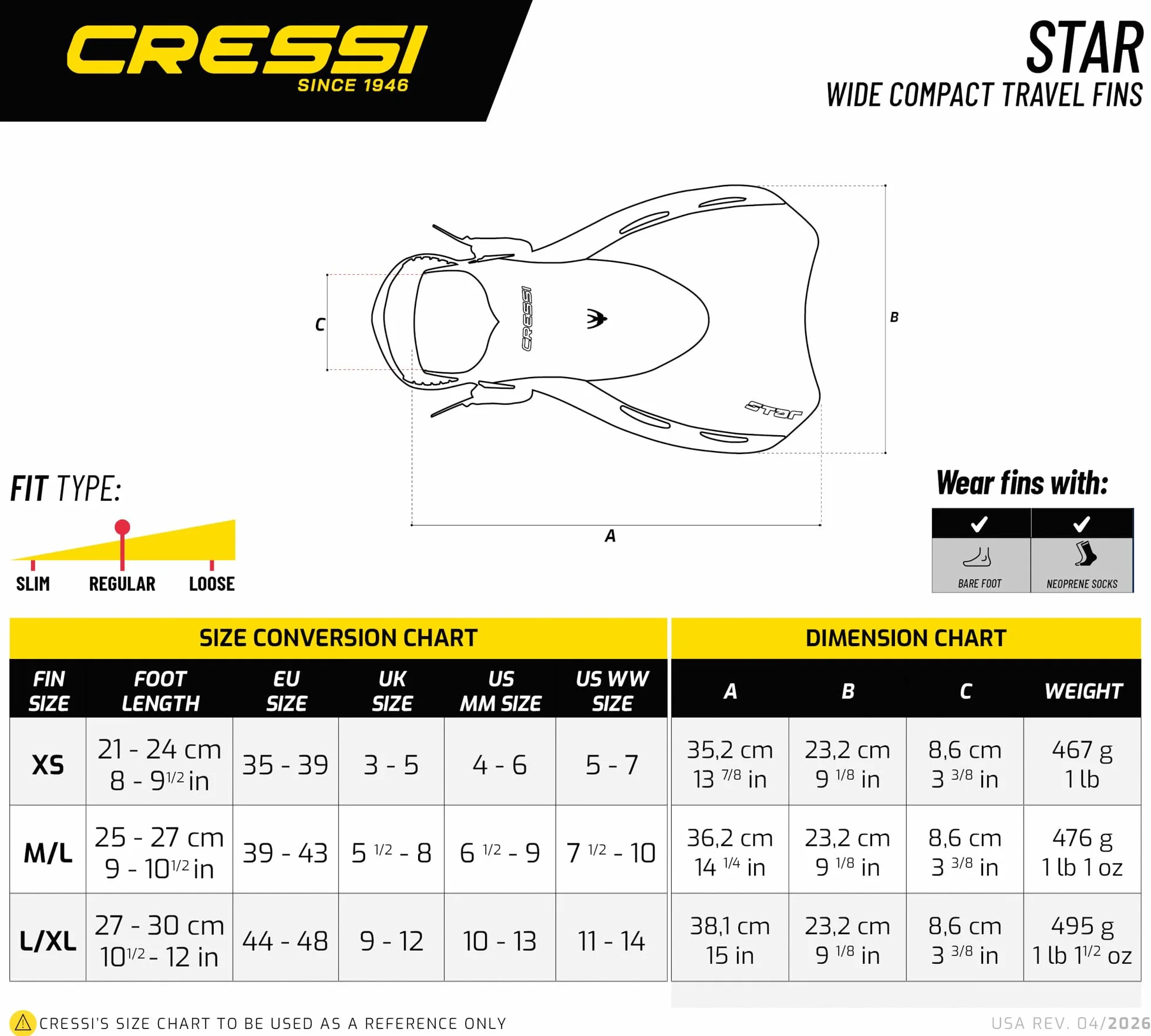 CRESSI Star Fins Aletas Compactas Ajustables Potente Pala Ventilada Cómoda Zapata para Nadar Snorkel Viajar Adultos
