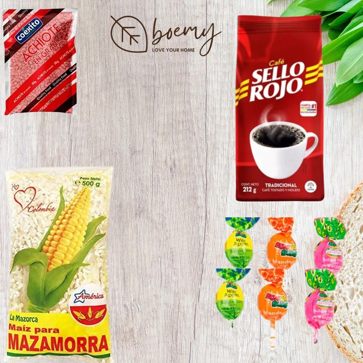Set Degustación PREMIUM de Comida y Bebidas Colombianas | Productos y Alimentos de Colombia | Café Sello Rojo, 6 Chupetas BonBonBum sabores Surtidos, Maiz de Mazamorra y Achiote en grano de 50 gr.