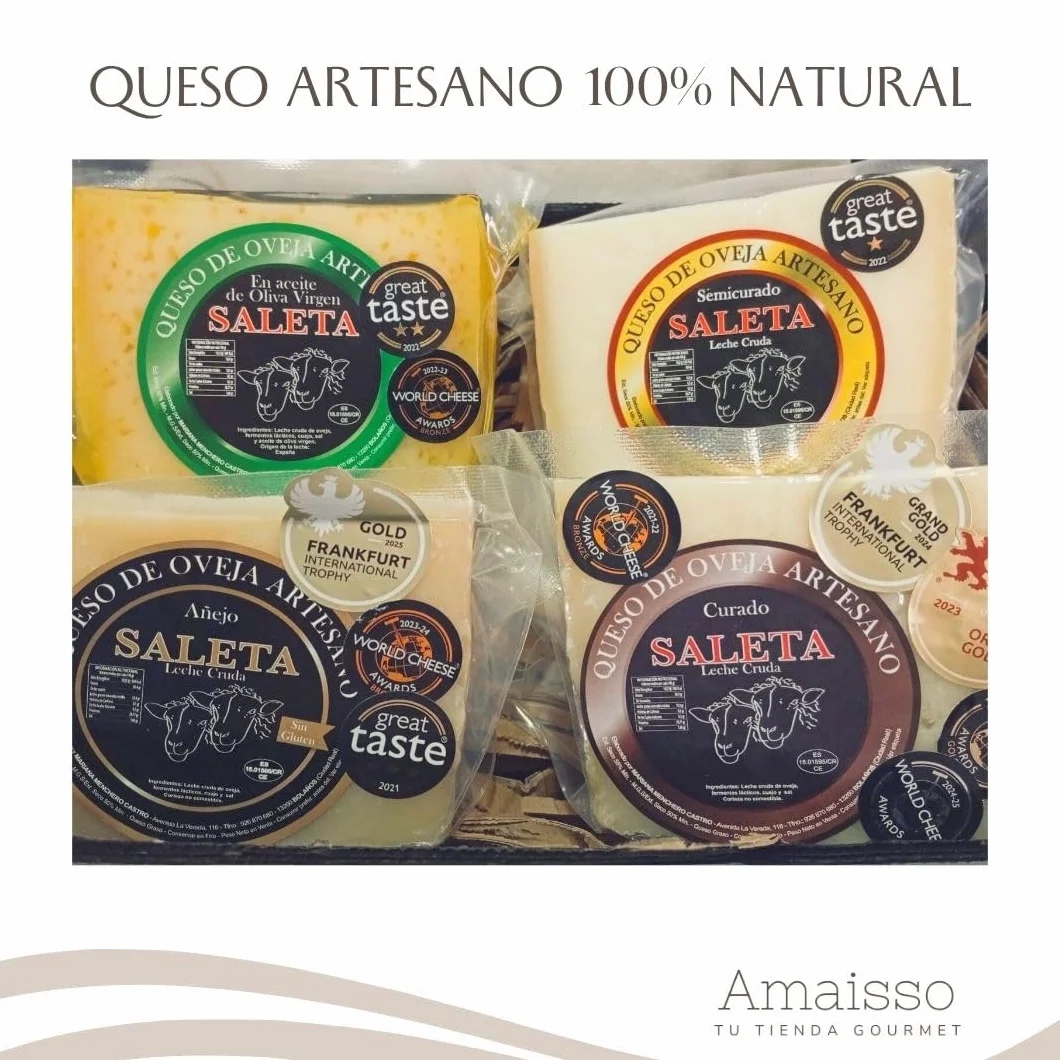 SALETA® Cesta Quesos Gourmet Regalo 4 Cuñas Queso Curado Semicurado Añejo Aceite Oliva Virgen Extra 1Kg