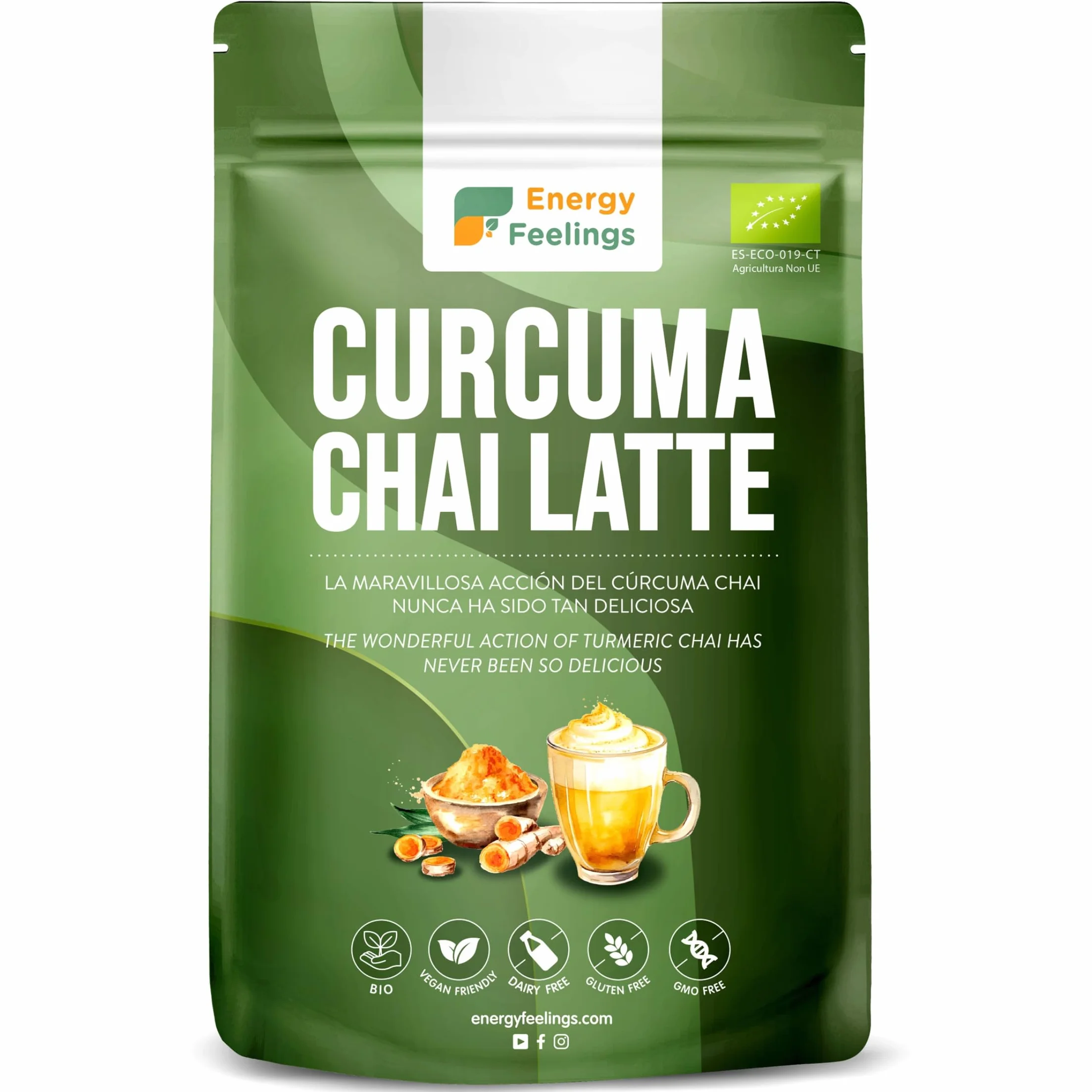 Energy Feelings Cúrcuma Chai Latte Ecológico 500 gr, Cúrcuma en Polvo con Jengibre y Pimienta, Apto para Veganos, Sin Lactosa, Sin Gluten