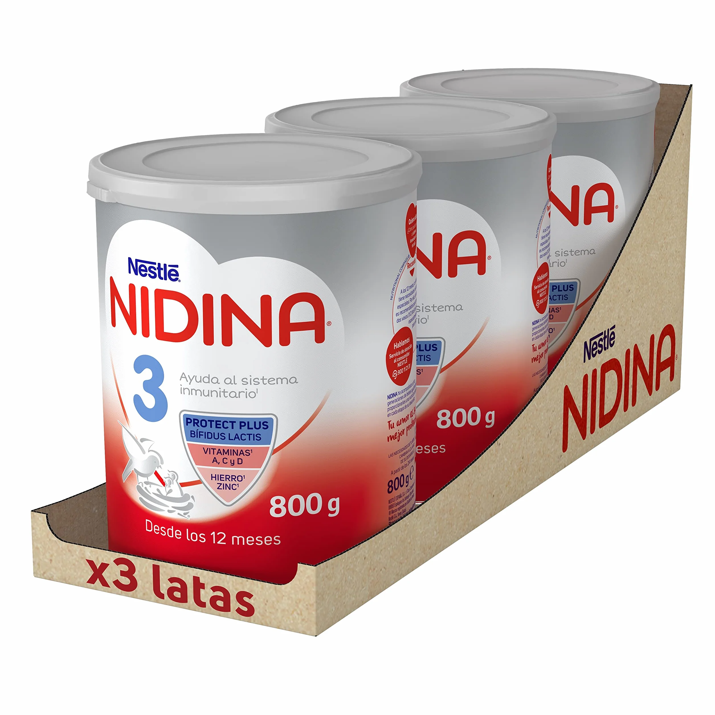 Nestlé NIDINA 3 Leche de crecimiento en polvo para bebés a partir de 12 meses, 3 x 800g