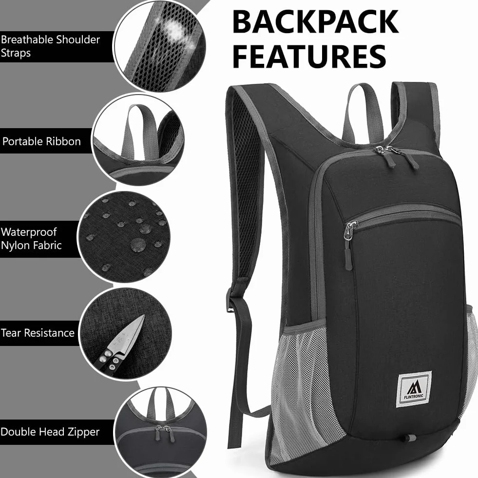 flintronic 16L Mochila Plegable Ultraligera Impermeable para Senderismo Viaje Negro