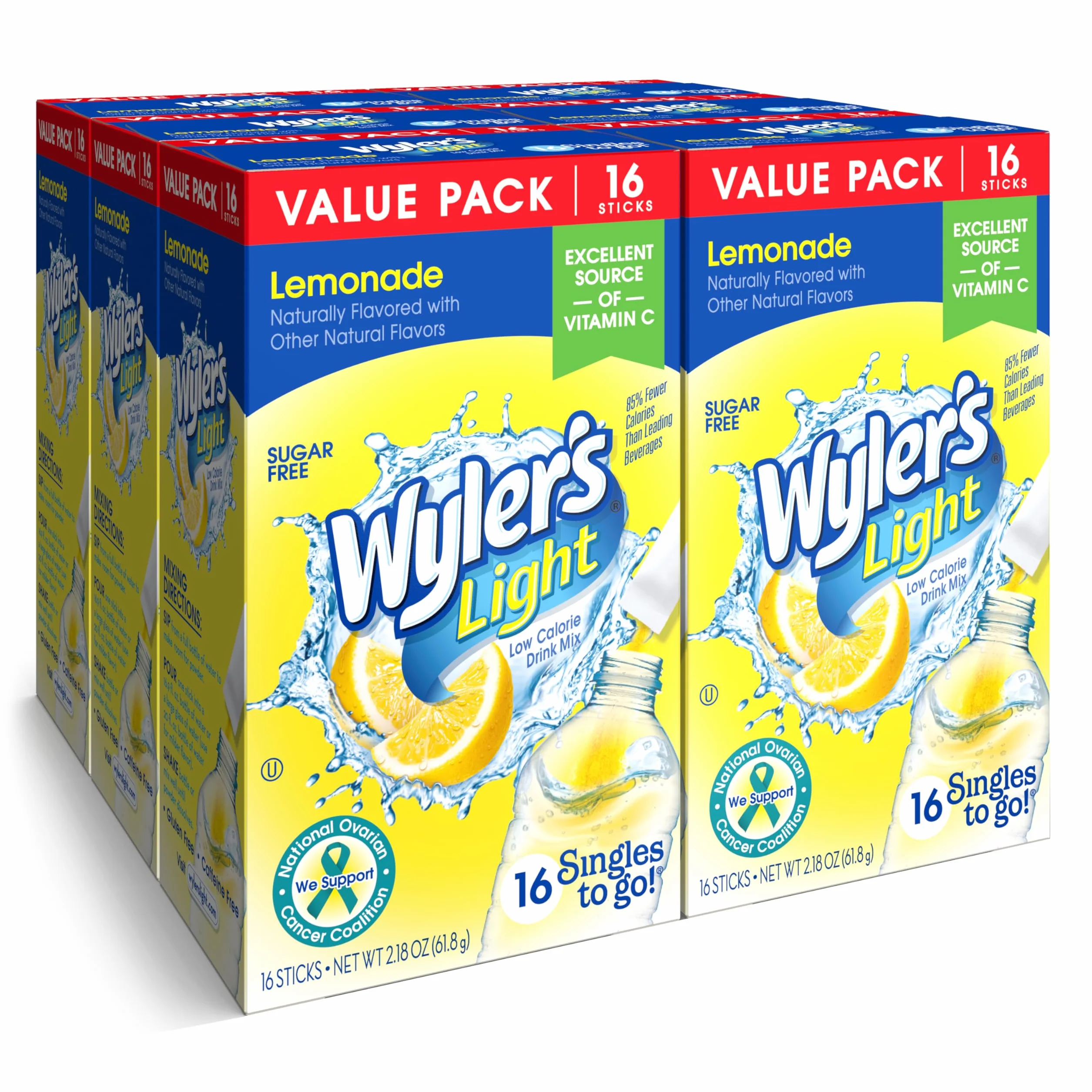 Wyler's Light Singles To Go Bebida en Polvo Limonada Paquete de 16, 6 Cajas 96 Porciones