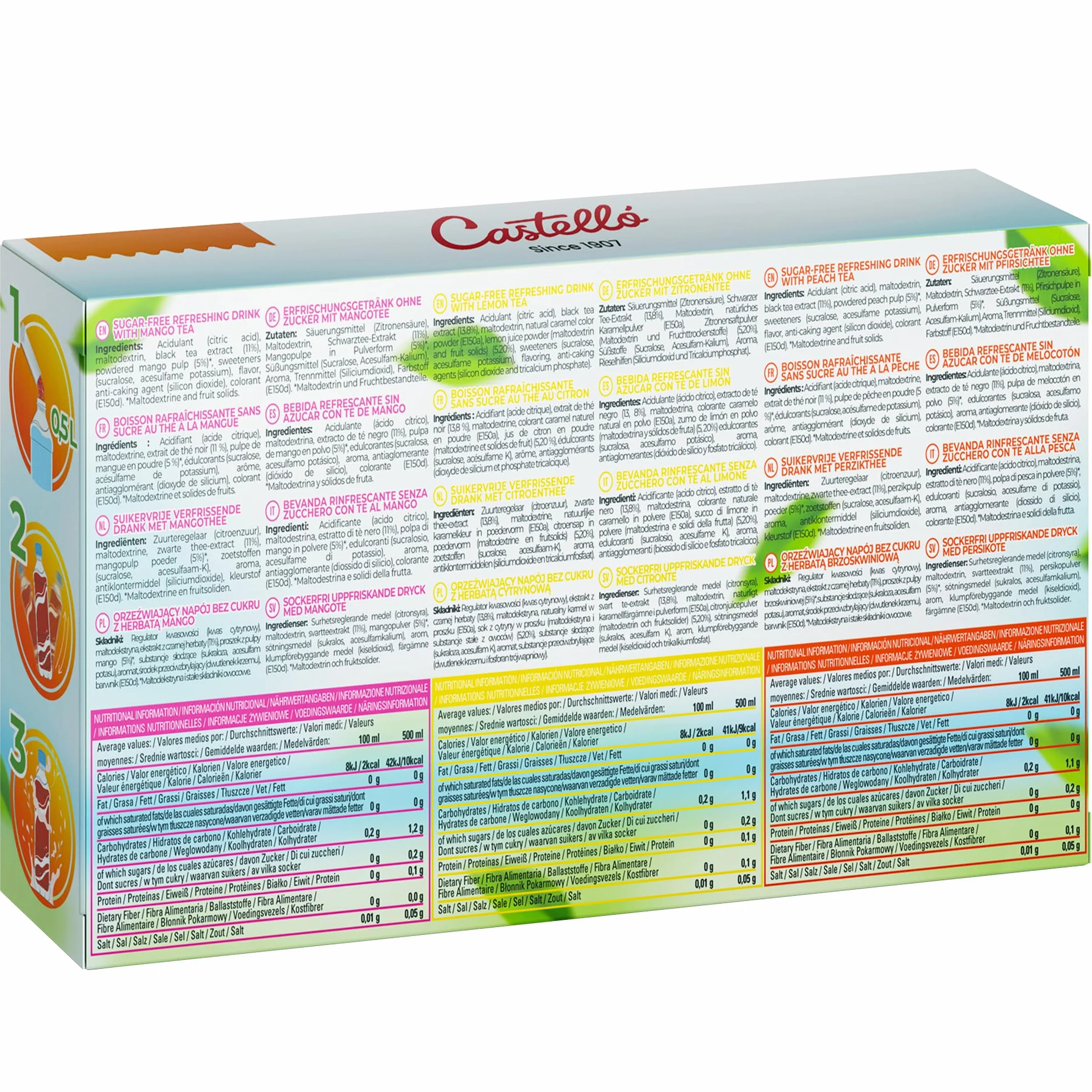 Castello since 1907 Té Frío Zero Instantáneo Multipack 3 Sabores | Melocotón, Limón y Mango - Ice Tea - Iced Tea - Total 36 Sobres - Cero Calorías, Sin Azúcares, Sin Aspartamo