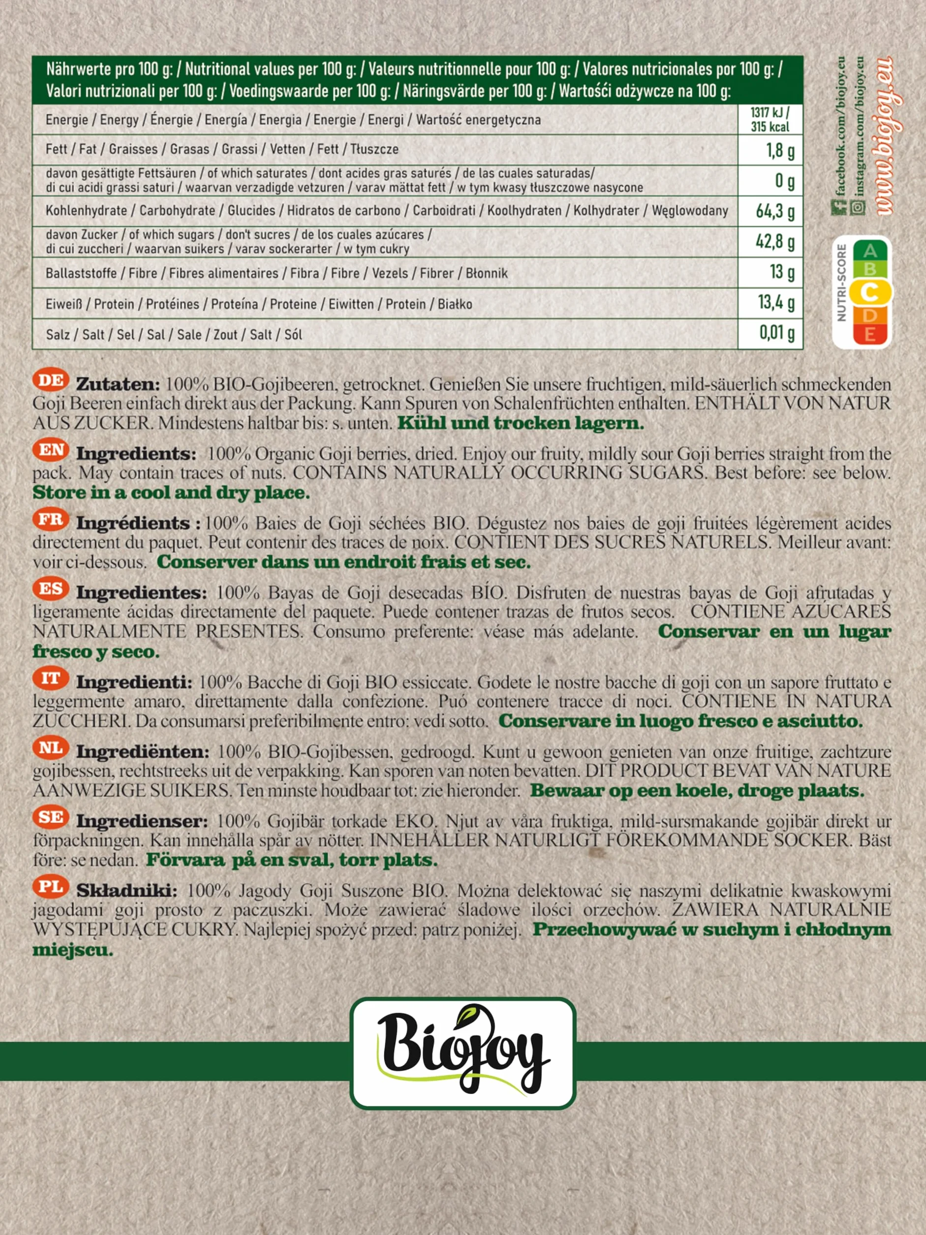 Biojoy Bayas de Goji deshidratadas Ecológicas (1 kg), sin azúcares añadidos y sin azufre