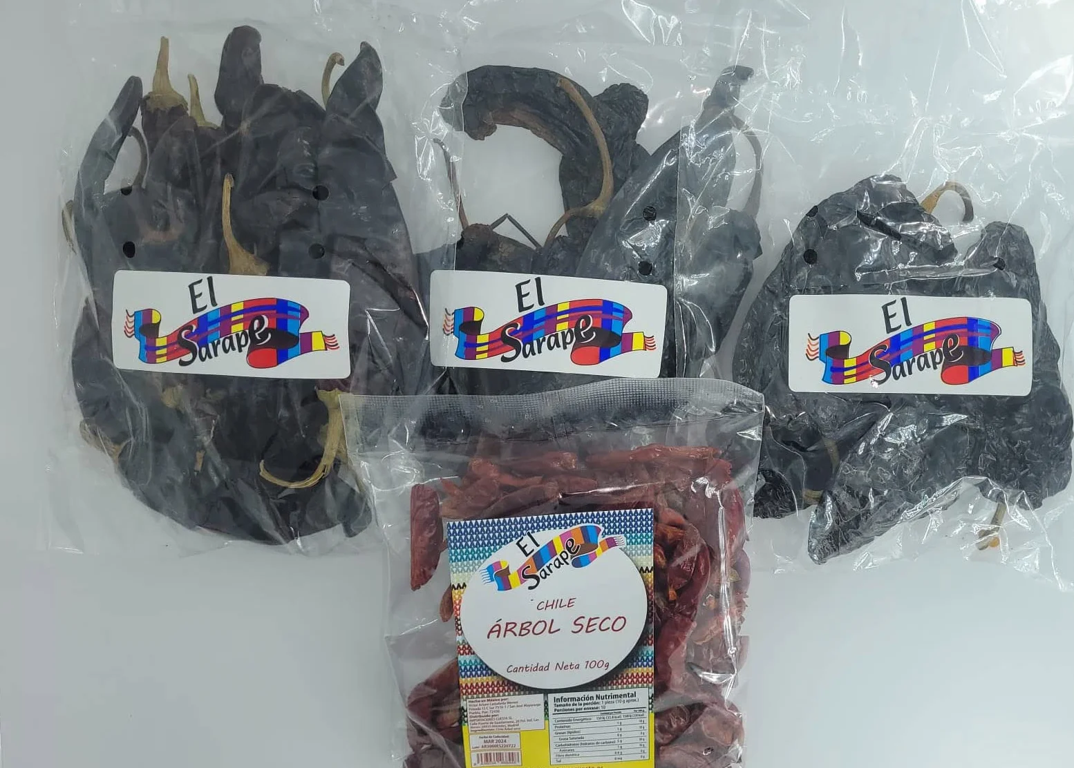 El Sarape Pack Chiles Mexicanos 4 Variedades Chiles Secos 100g Chile de Árbol Guajillo Pasilla Ancho