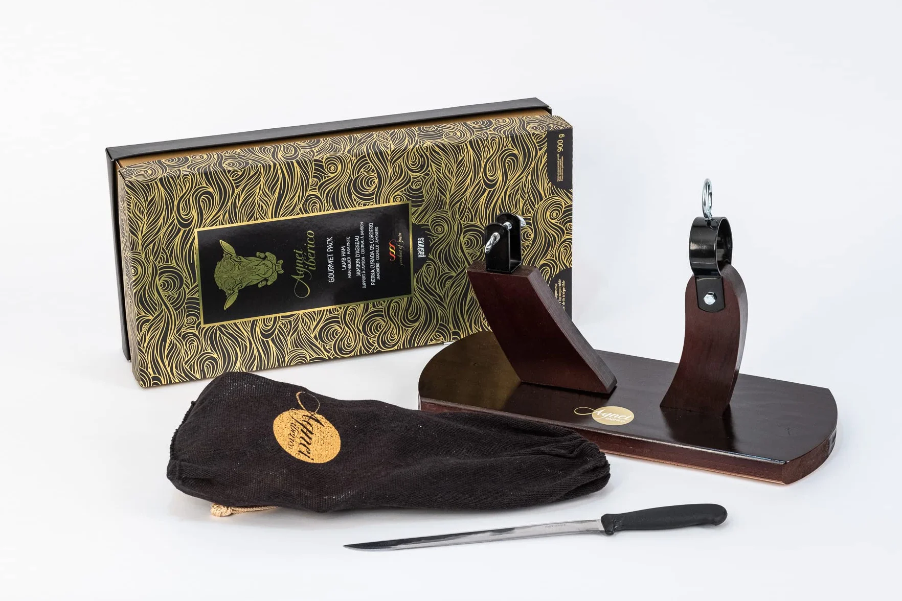 Agnei Ibérico - Pierna Curada de Cordero - Envasada al Vacío - Estuche Regalo con Jamonero y Cuchillo (1 kg Aprox)