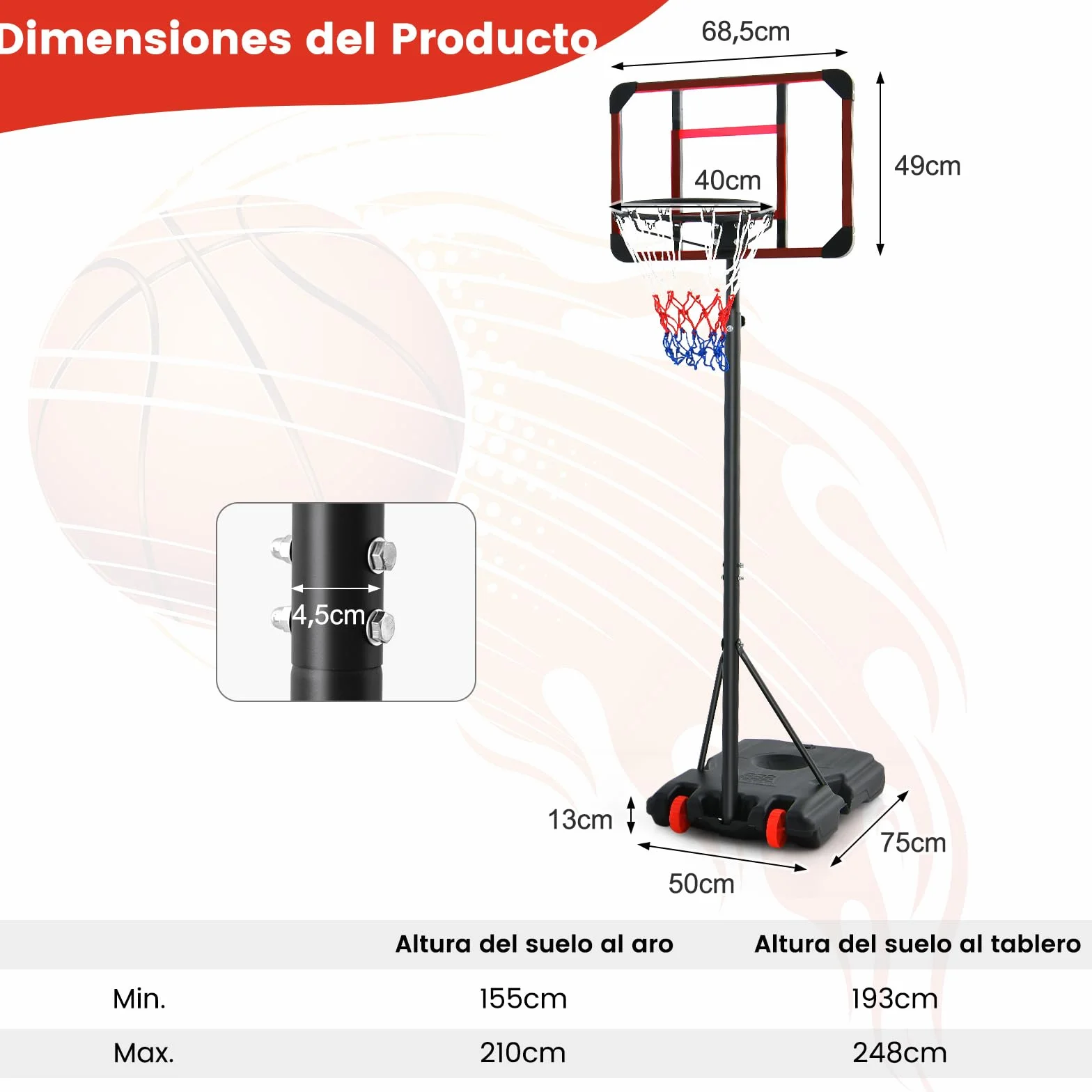 COSTWAY Canasta de Baloncesto Altura Ajustable 193-248 cm Rellenable de Arena y Agua Móvil con Ruedas Portátil PC Interior Exterior