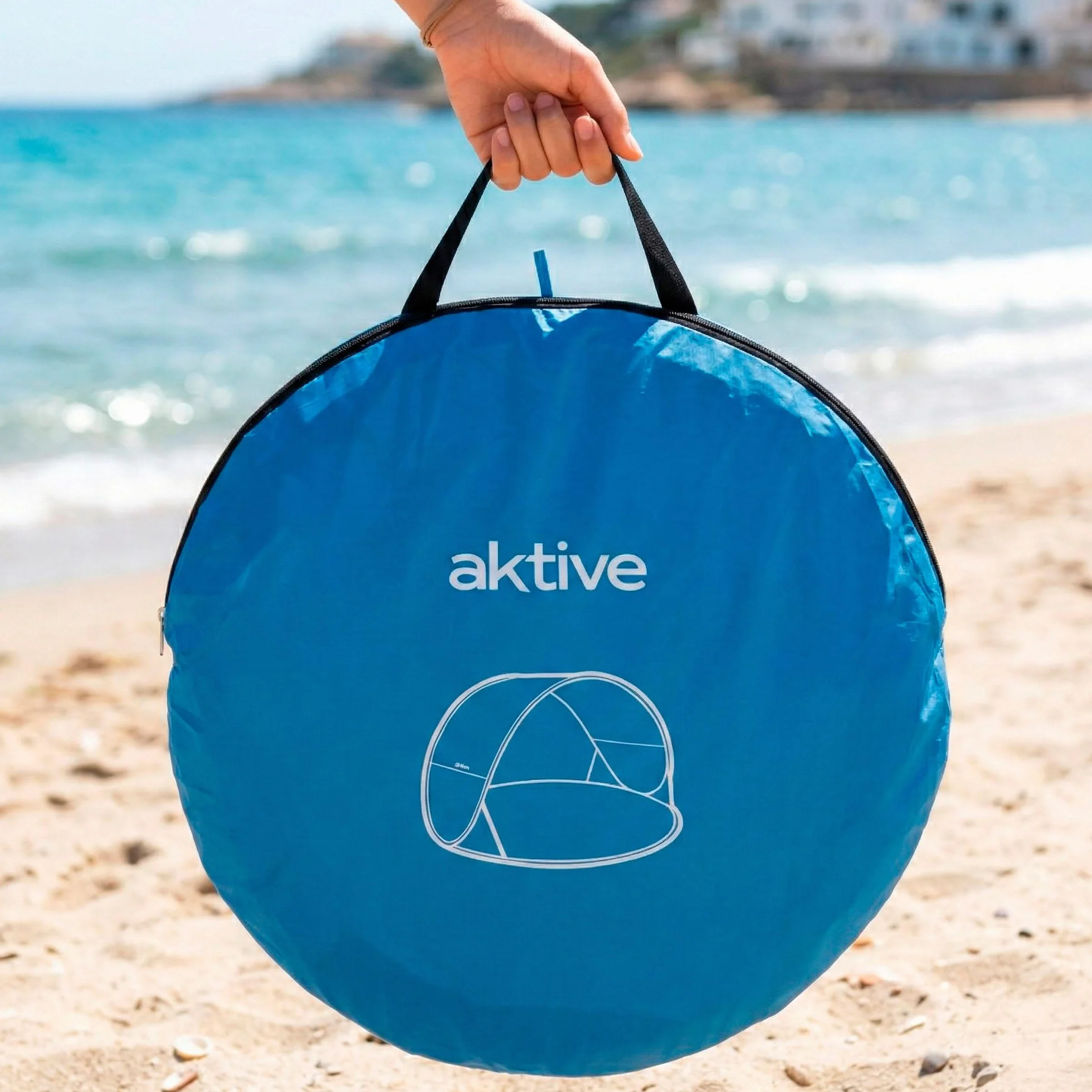 AKTIVE Tienda Playa Pop up 148x148x90 cm Azul Protección UV50 Poliéster Paravientos Plegable Bolsa Transporte