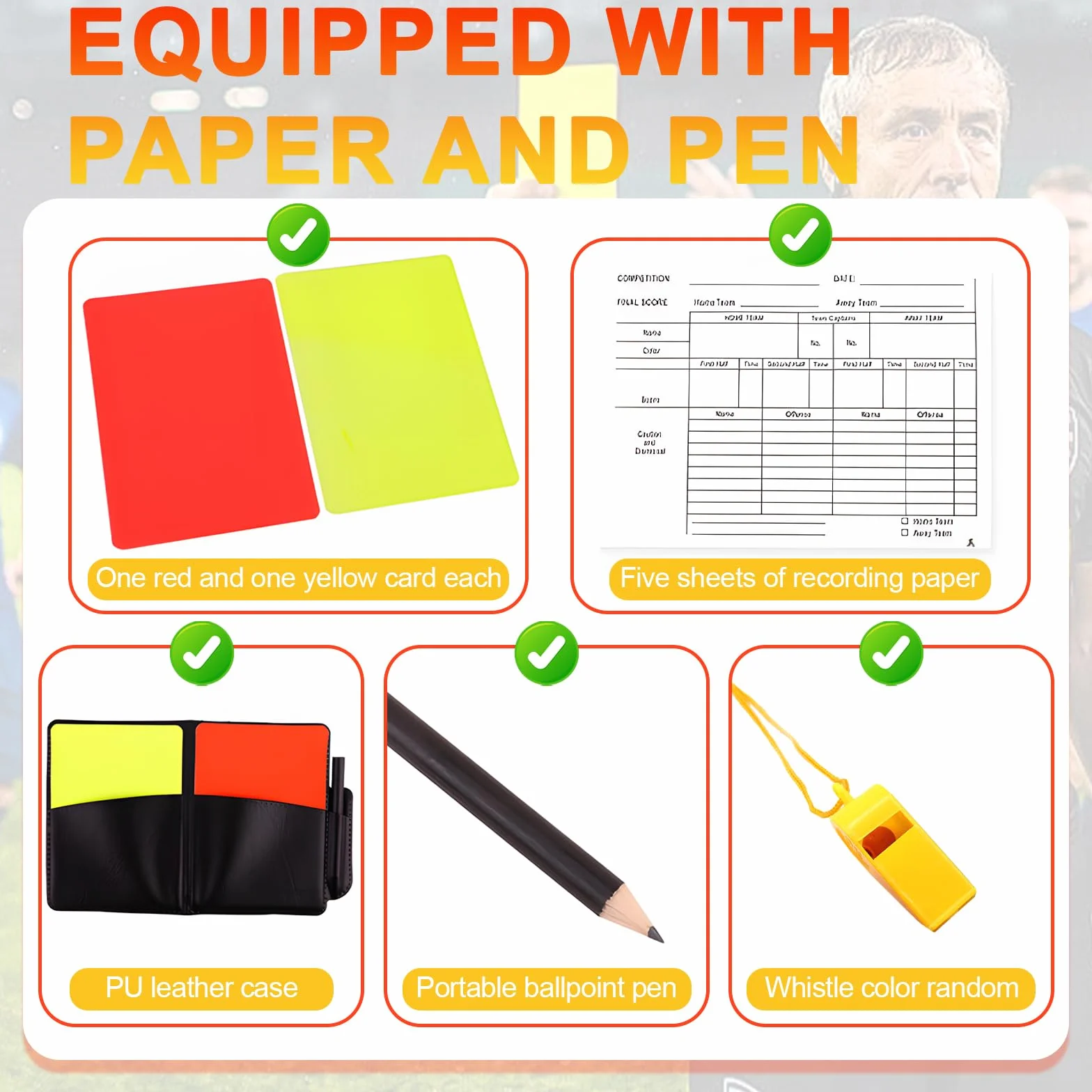 Kit de Tarjetas de Árbitro para Fútbol con Silbato y Hojas de Resultados