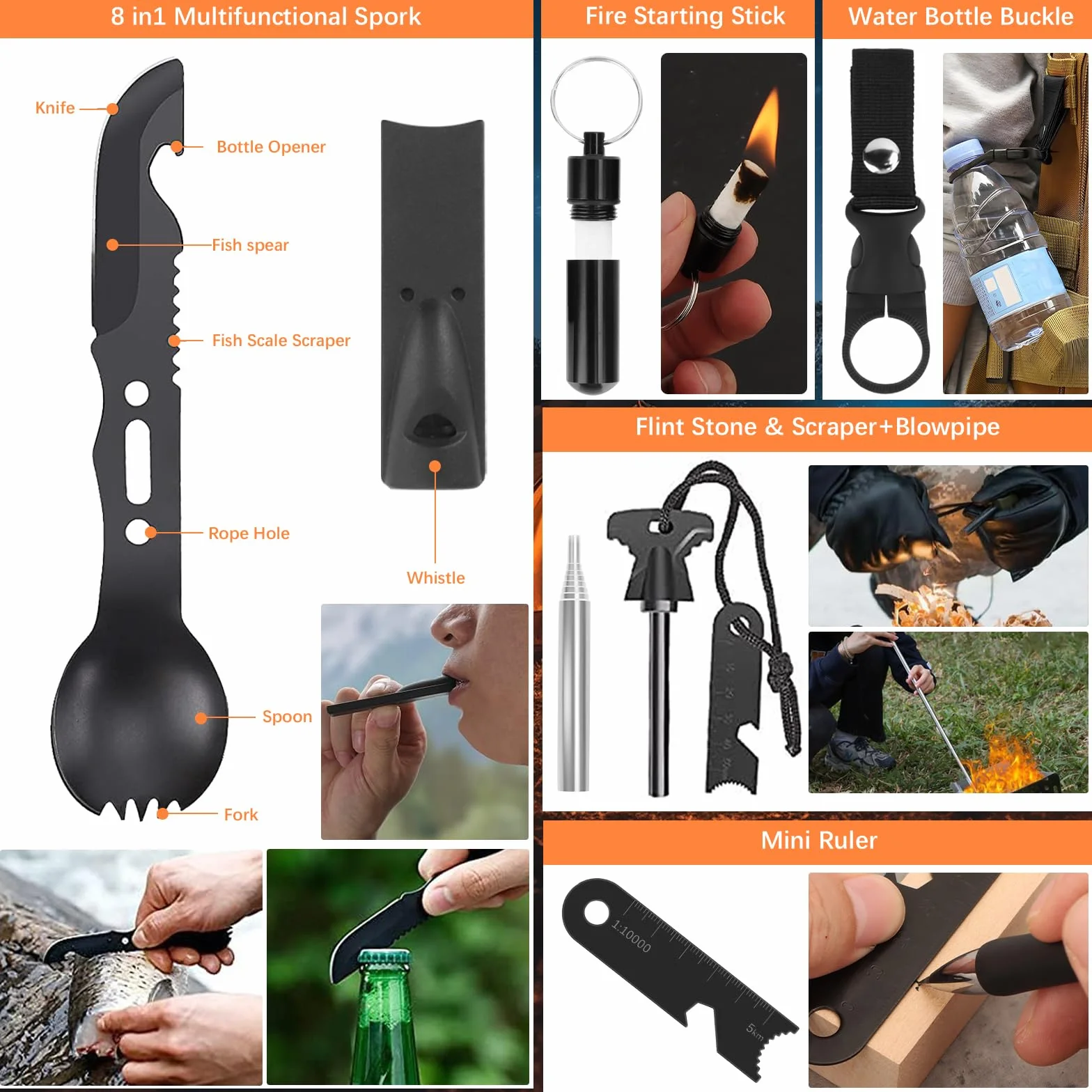 Kit de Supervivencia de Emergencia 69 Piezas 30 en 1 Linterna Táctica Brújula Herramientas Multifunción para Camping