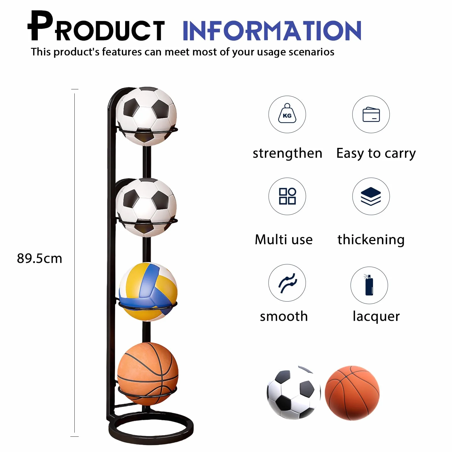 Estantería de 4 niveles para balones, soporte metálico para baloncesto, fútbol y voleibol