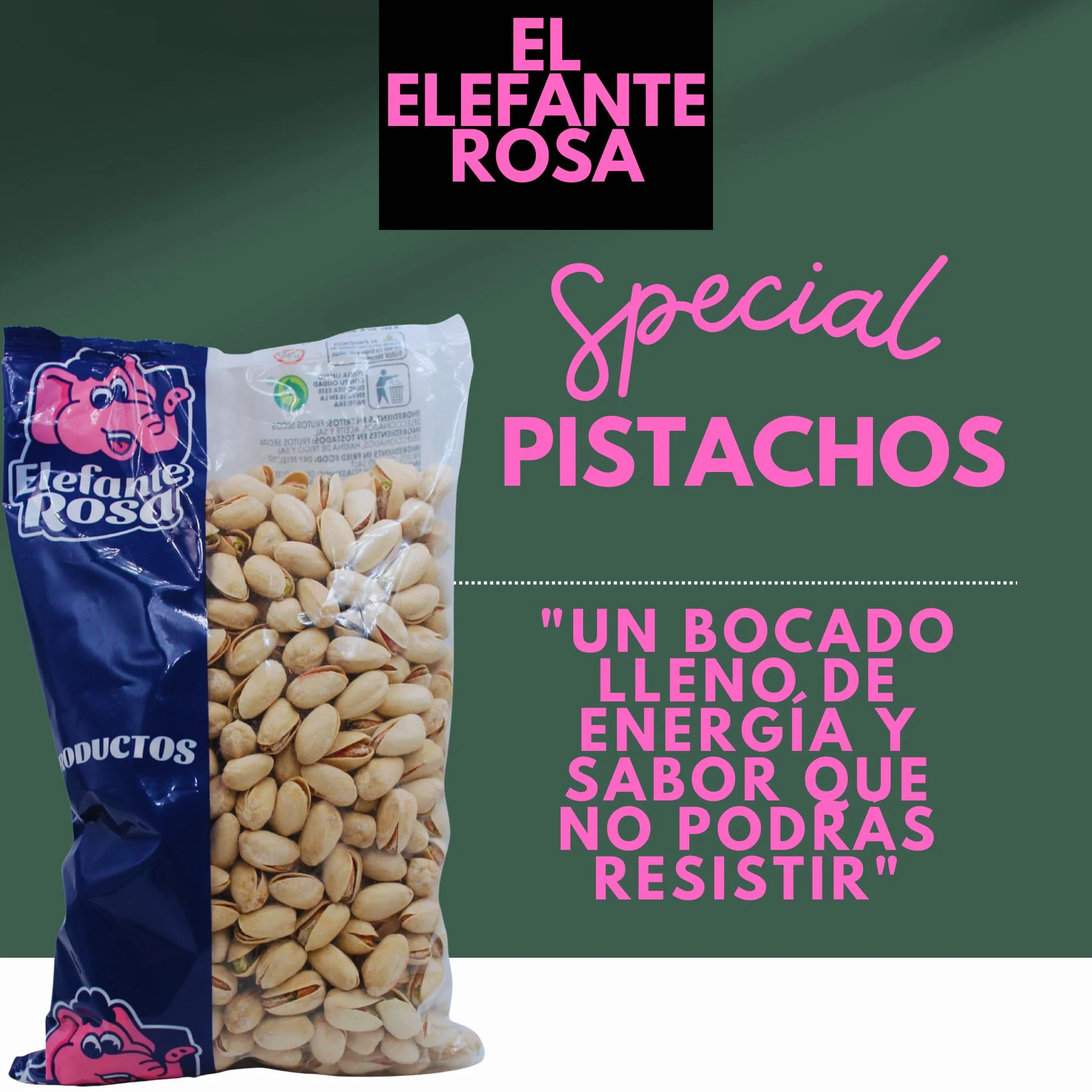 Pistachos Tostados con Sal Bolsa de 1 Kg - Elaborados por El Elefante Rosa Frutos Secos - Snack Saludable - Aperitivo Alto en Proteínas y Fibra - Ideal para Dietas Equilibradas - Pistachos Naturales
