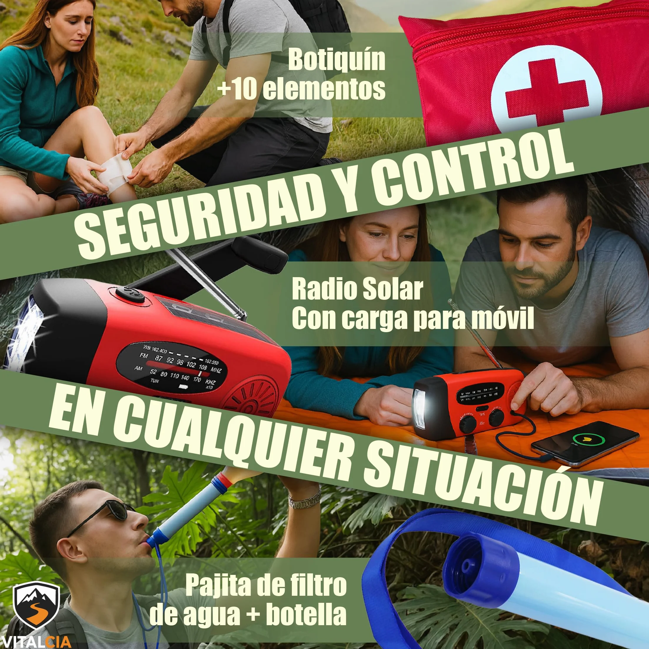 Kit Supervivencia 72 Horas Mochila con Hacha, Primeros Auxilios, Radio Solar Emergencia