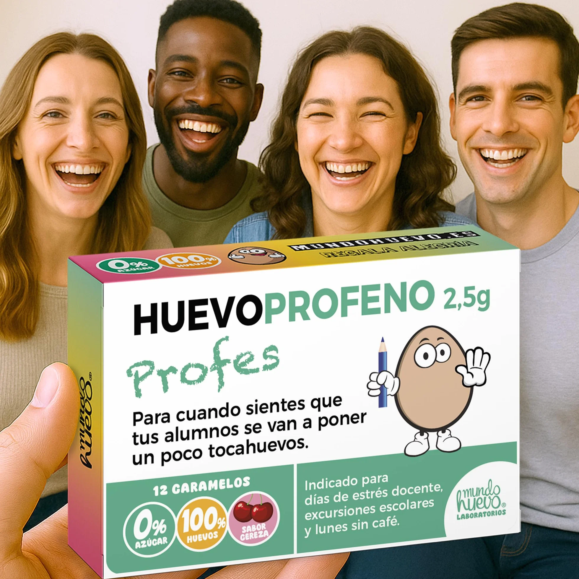 Caramelos de broma HUEVOPROFENO+ Profe | Caja con 12 caramelos sin azúcar sabor cereza | Regalo divertido para profes que dejan huella