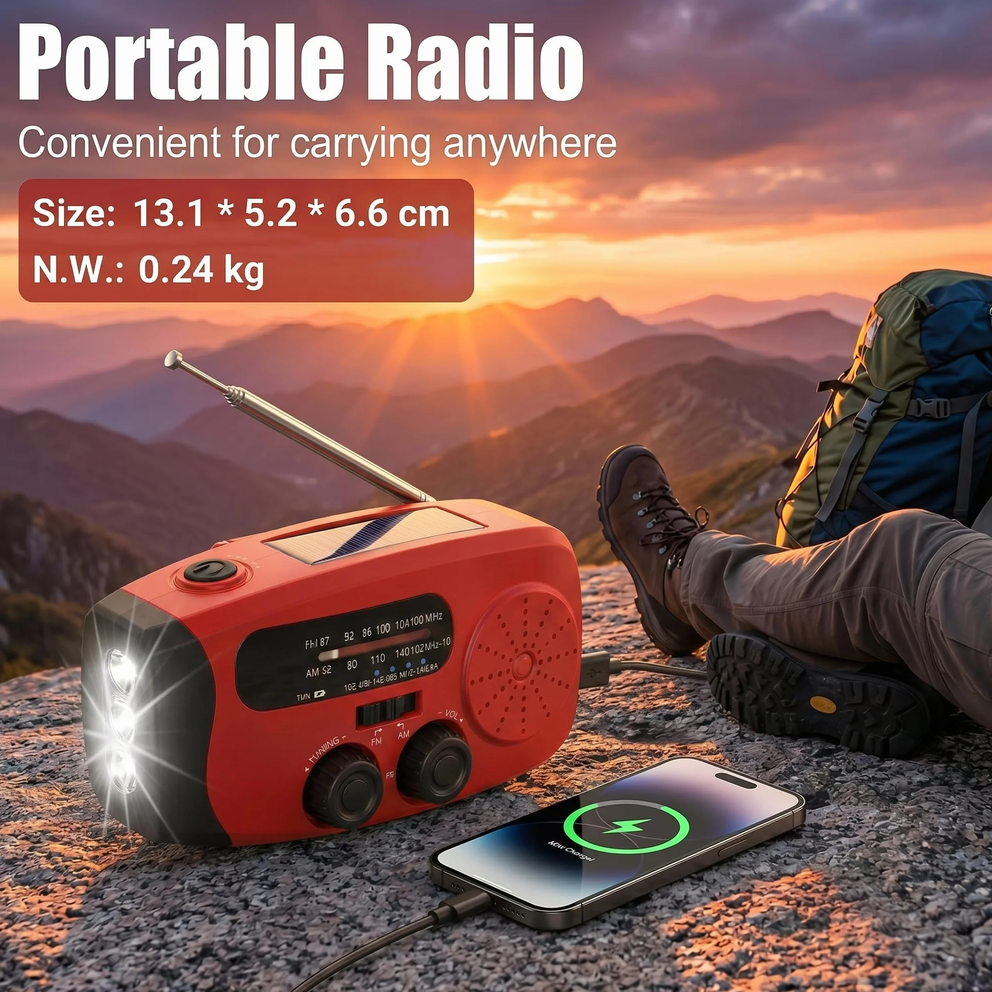 Radio Portátil de Emergencia Solar con Powerbank 2000mAh y Linterna LED, SOS-Alarm para Camping y Huracán