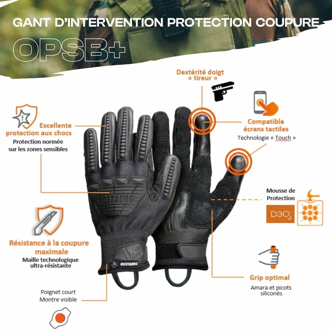 ROSTAING Guantes tácticos OPSB+ Par de intervención reforzados anticorte compatibles táctiles Airsoft Paintball Caza