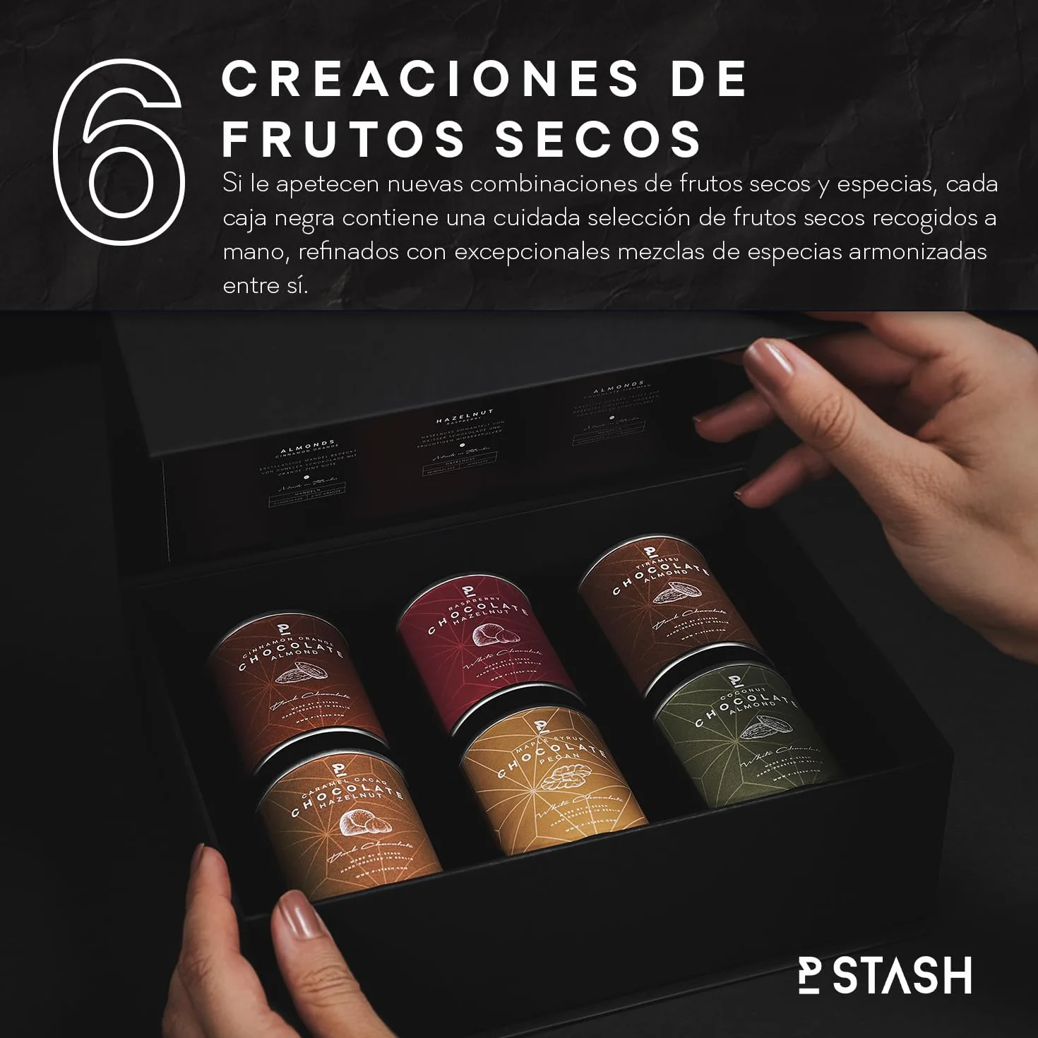 P-Stash Black Box Mix de Frutos Secos Chocolate Dream – Caja de 6 – Nueces pecanas, Avellanas & Almendras – Frutos secos con chocolate y especias únicas, tostados a mano en Berlín