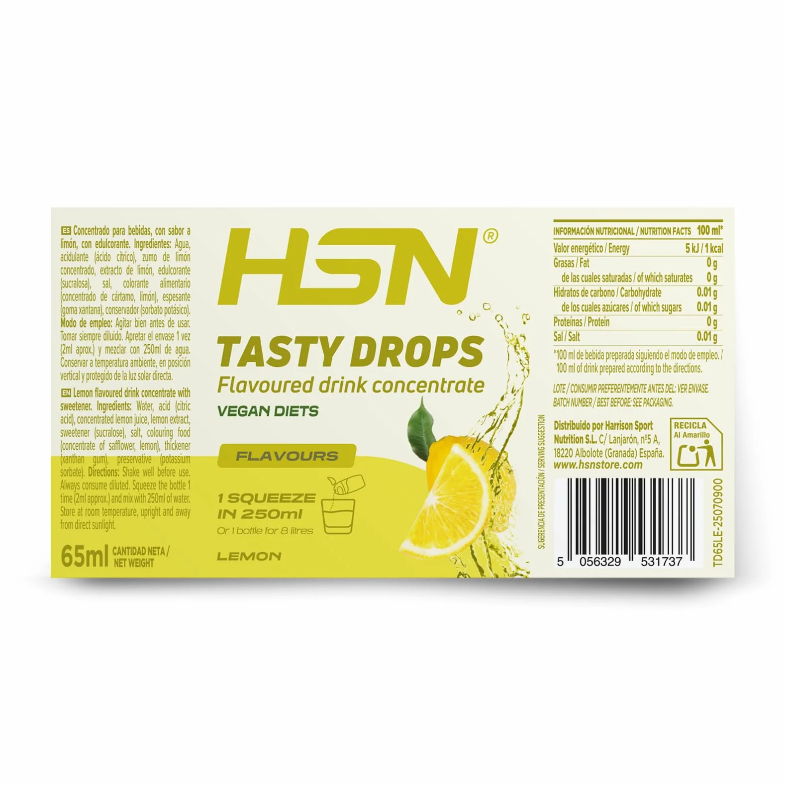HSN Tasty Drops Saborizante Líquido Sin Calorías para Agua | Sabor Limón - 65ml (hasta 8 litros) | Gotas Saborizantes Sin Azúcar | Potenciador de Bebidas | Apto Vegano, Sin Gluten