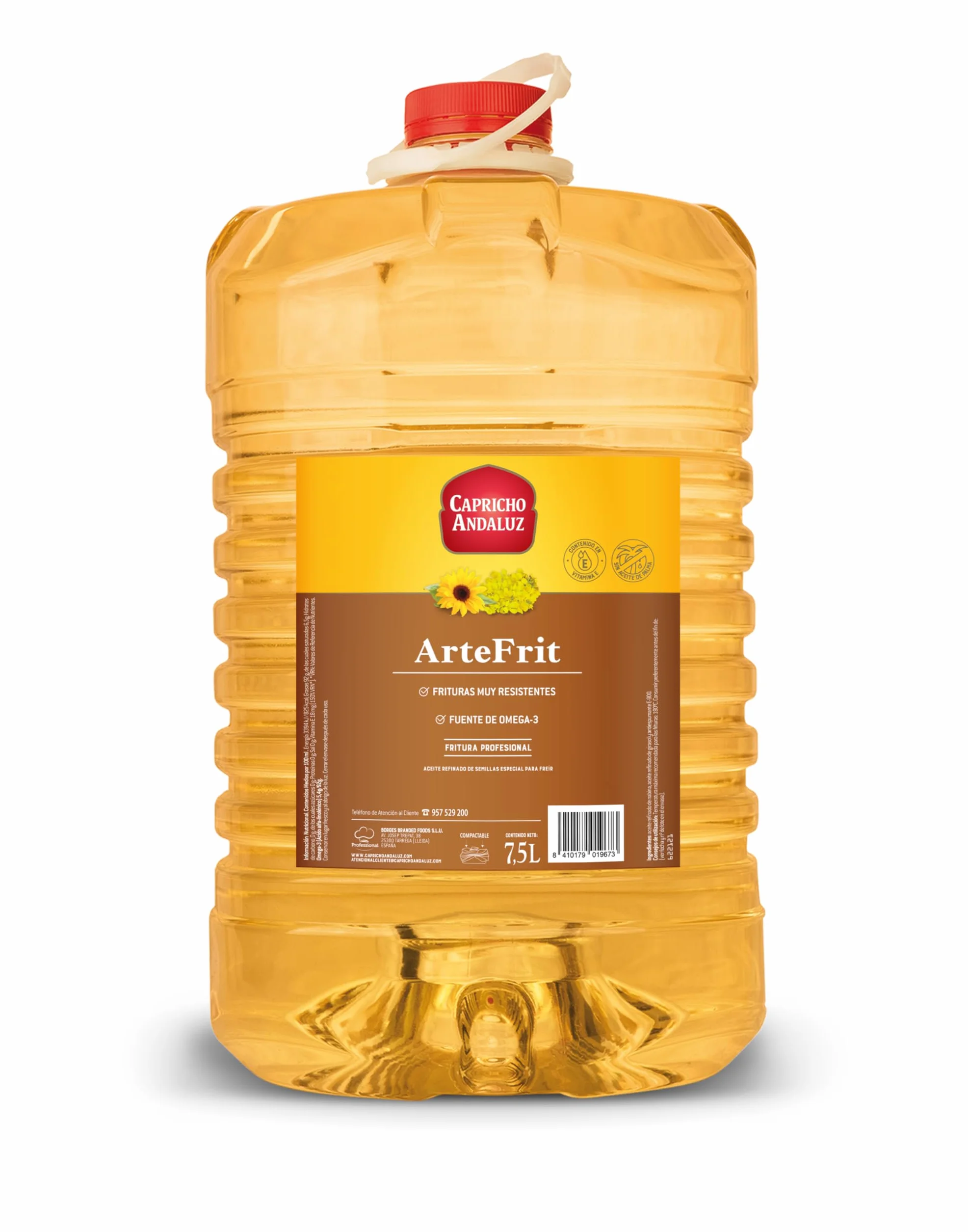 Capricho Andaluz - Aceite de Girasol Alto Oleico Artefrit PET 7,5L, Especial Fritura con Máxima Resistencia al Calor, Limpia, Ligera y Sin Sabores