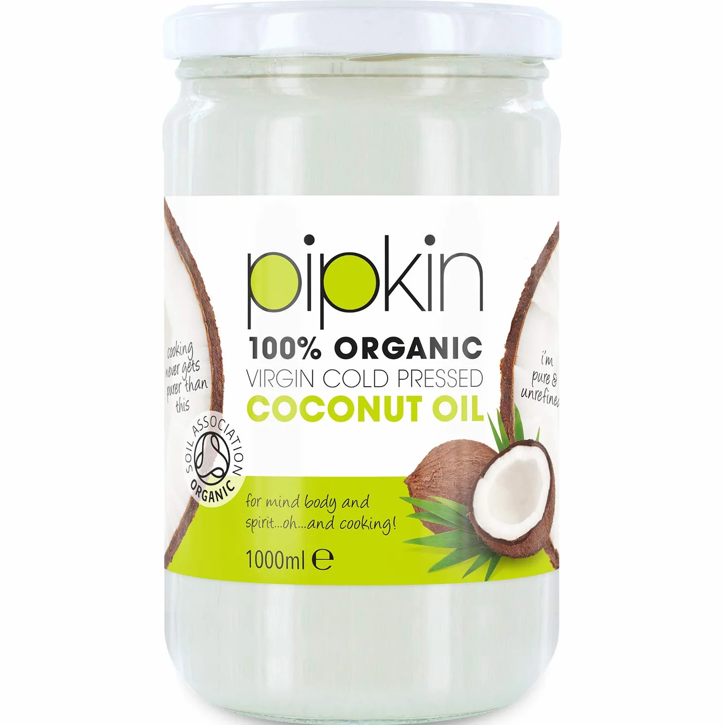 pipkin Aceite de Coco 100% Orgánico, Natural, Virgen Extra Puro. Aceite de coco Multiusos, Prensado en Frío, no GM, Hidratante de Cabello / Piel / Cuerpo. (1L)