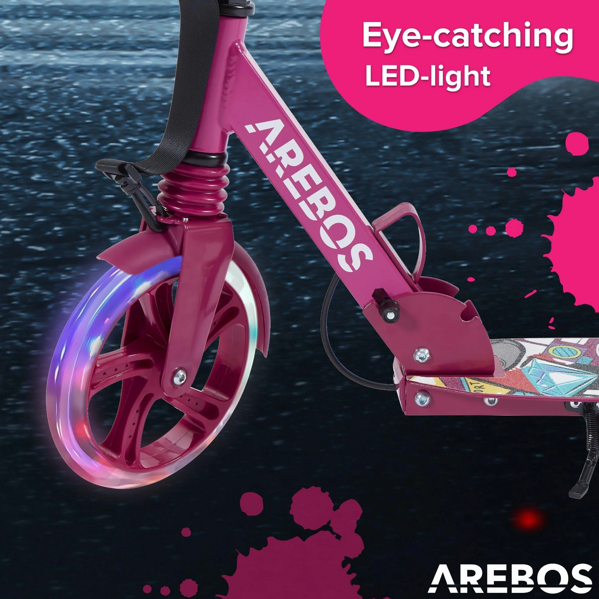 Arebos City Scooter Plegable Regulable en Altura con Ruedas LED y Freno de Mano