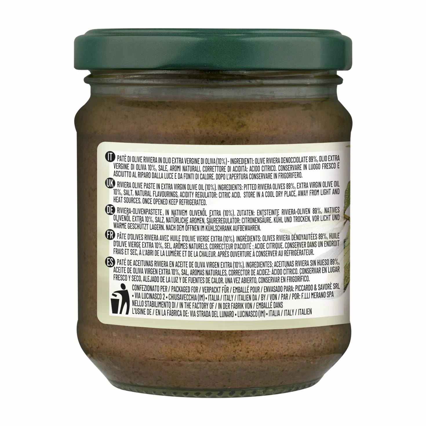Le Terre di Colombo Pasta de Aceitunas, Riviera en Aceite de Oliva Virgen Extra 10 %, Tarros de 212 Ml Lote de 6