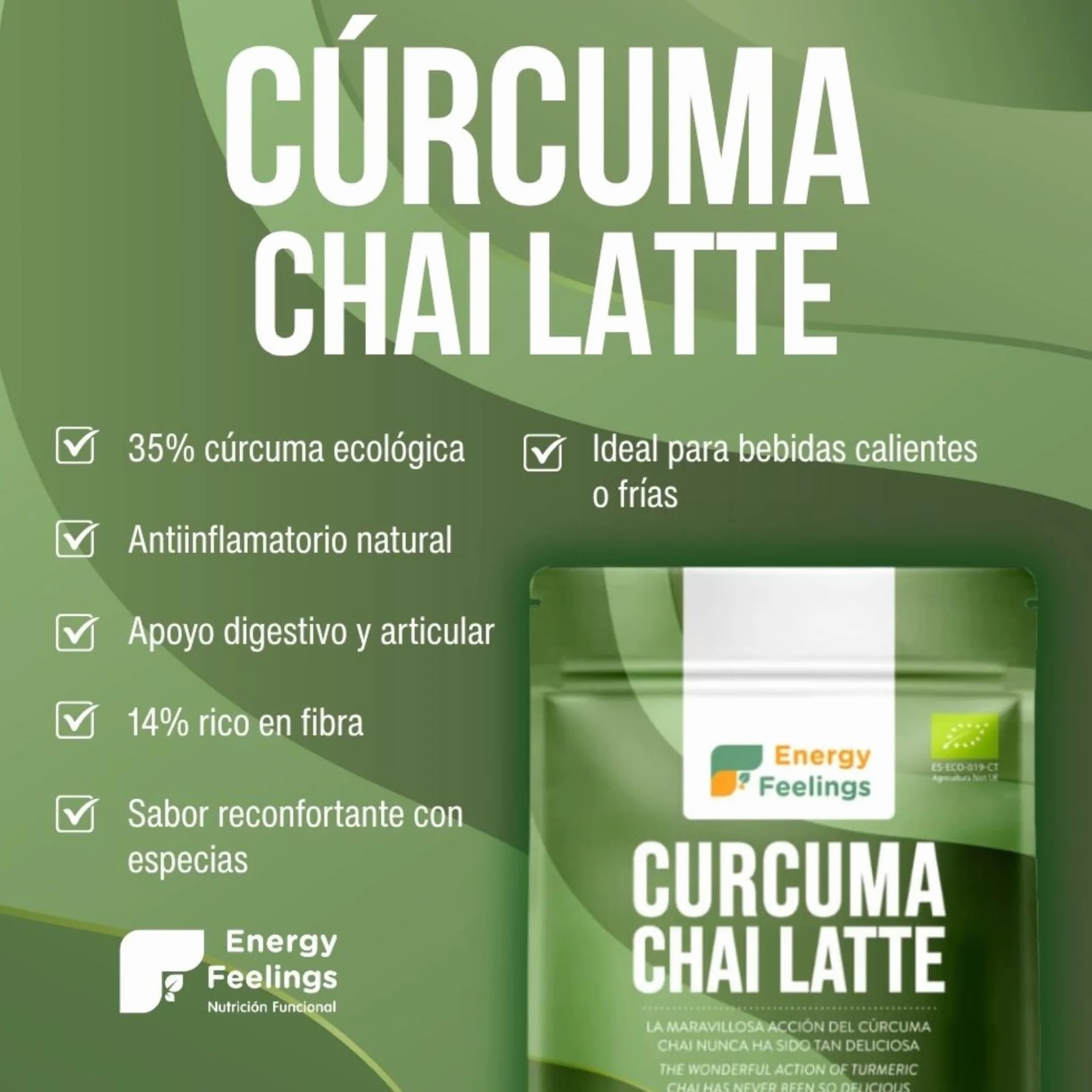 Energy Feelings Cúrcuma Chai Latte Ecológico 500 gr, Cúrcuma en Polvo con Jengibre y Pimienta, Apto para Veganos, Sin Lactosa, Sin Gluten
