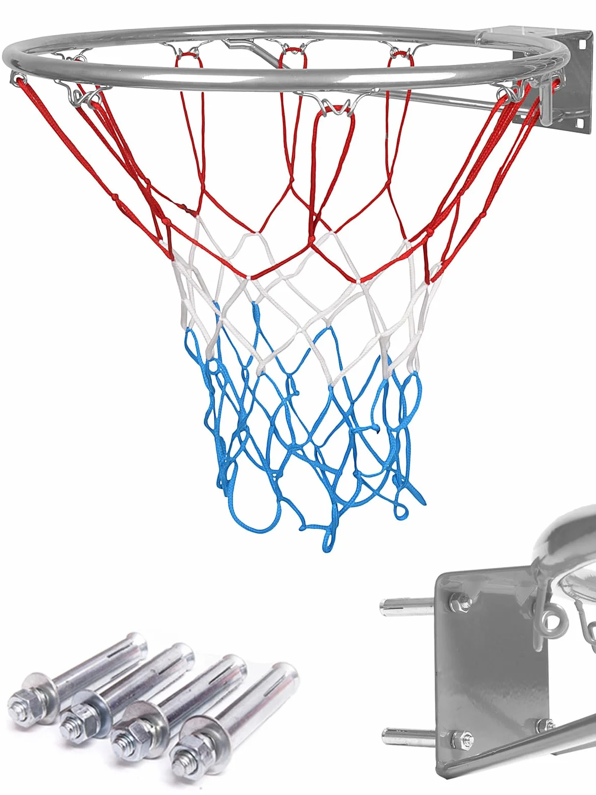 molti Canasta de baloncesto para montaje en pared – Aros de baloncesto con red y tornillos, Ø 45 cm para interior y exterior Canasta robusta para jardín, garaje, escuela y campo deportivo (plata, 45