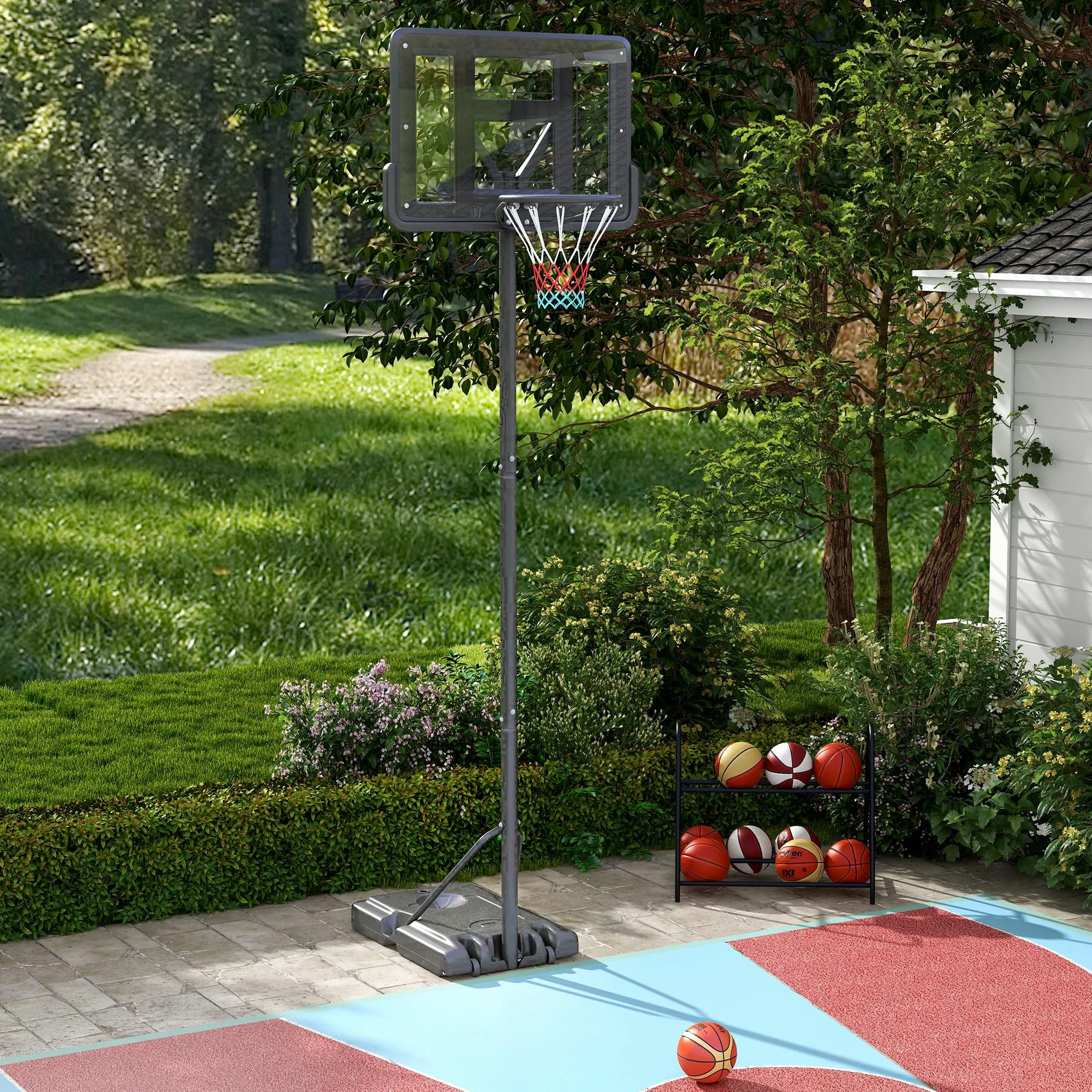 SPORTNOW Canasta de Baloncesto Exterior 2 en 1 Altura Ajustable 230-305 cm Aro para Piscina Soporte con Ruedas Base Rellenable Negro